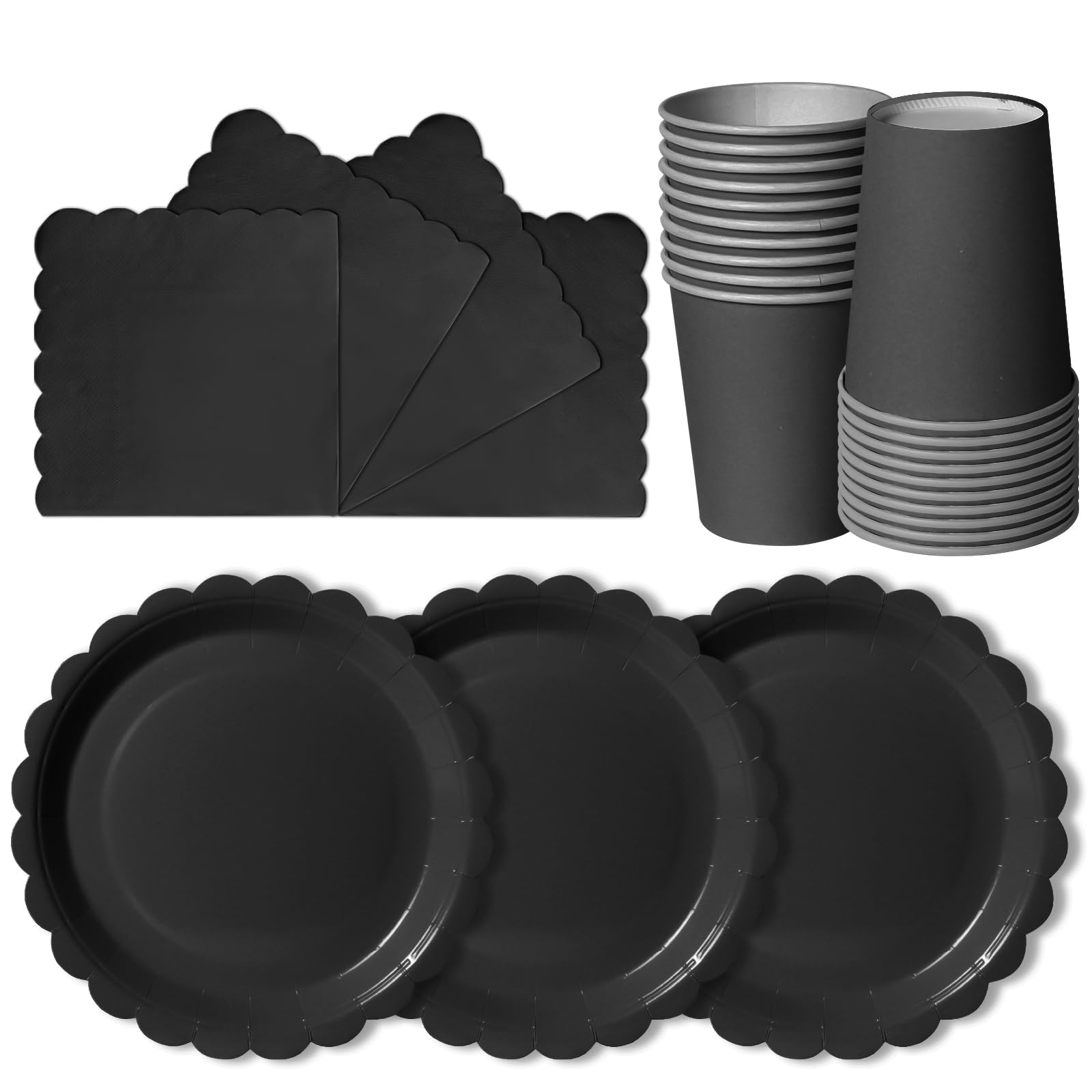 hailstones Black Disposable Scalloped Party Paper Plates Set Tableware Supplies - 24 Pack of 7 Inch Plates, Cups & Napkins for Kids Birthday Decorations Christening Wedding Shower — image 1