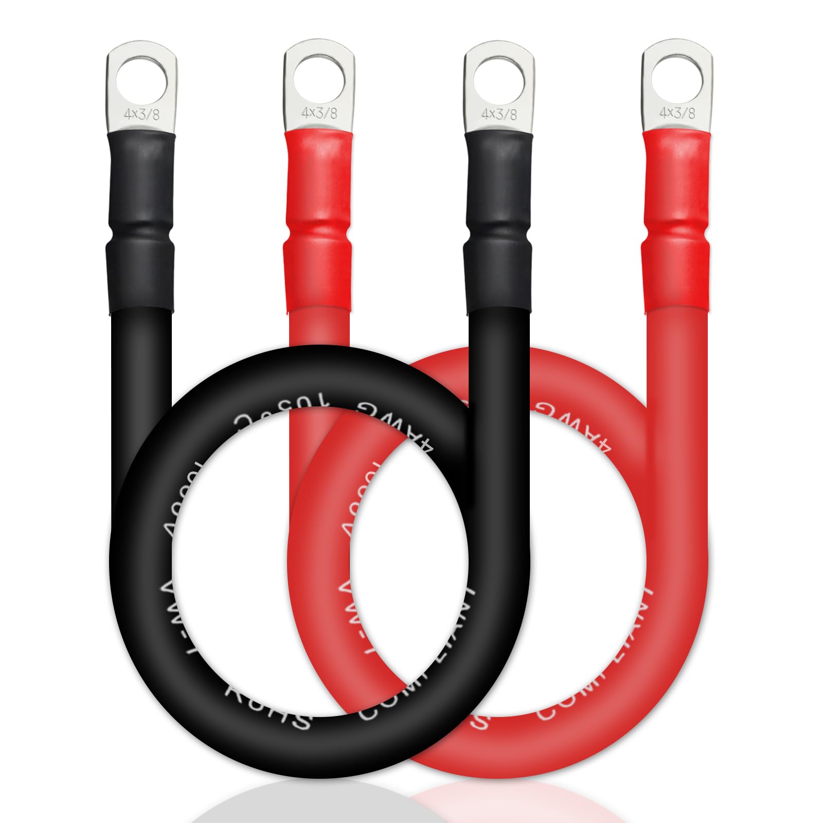 ZONBANG 4 AWG Battery Cable with 3/8 inch Terminals, Copper Battery Inverter Cables for Car RV Automotive Solar, 2FT (2 Pack)