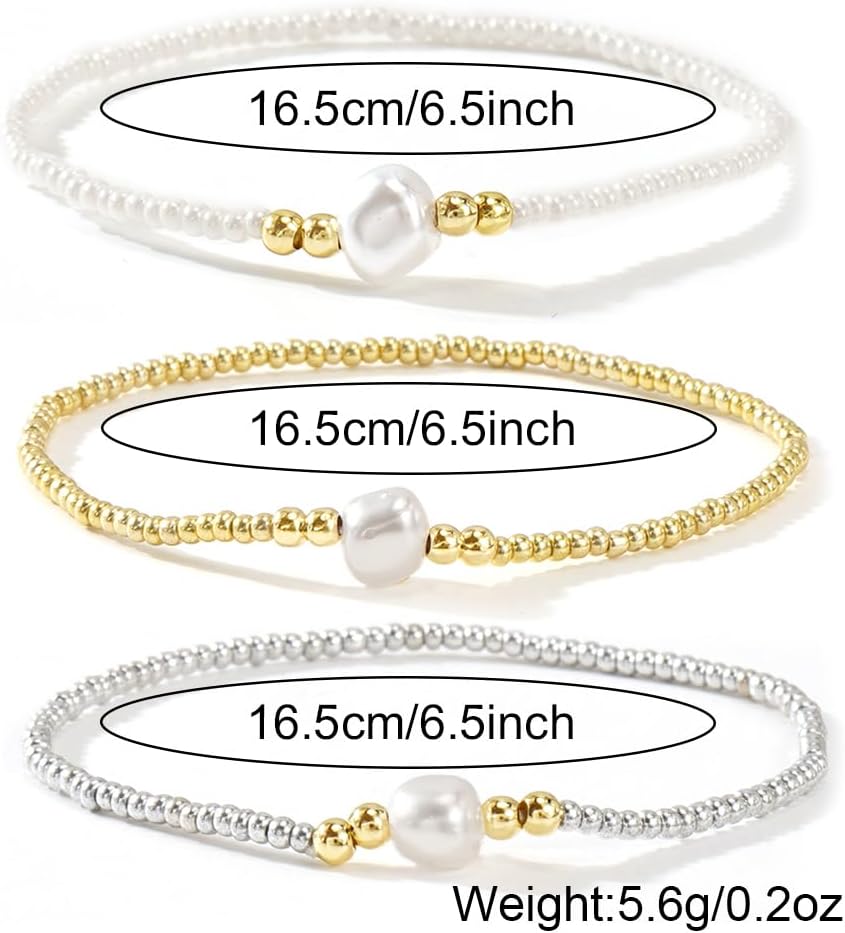 3PCS/set Pearl Plated Silver Gold Beads Elastic Bracelets for Women Dainty Handmade Gemstone Bead Bracelet Charm Jewelry Fashion Couple Friendship Gift - Image 9