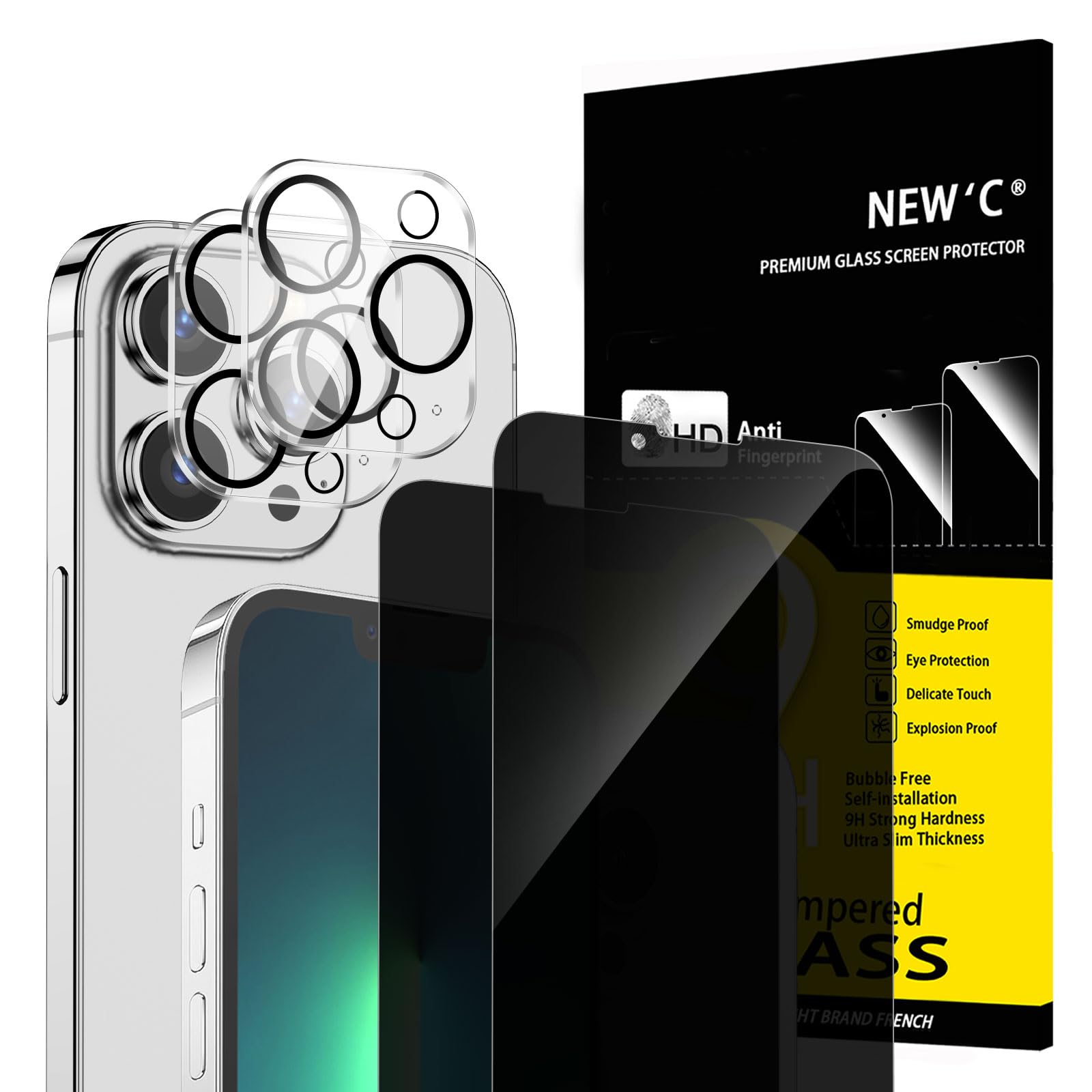NEW'C 2 x Protector Pantalla privacidad para iPhone 13 Pro Max (6,7 Pulgadas) y 2 x Protector Pantalla Protector de Lente de Cámara - Cristal Templado-Ultra Resistente-Ángulo de Privacidad 28 Grados Global Recycled Standard Global Recycled Standard Global Recycled Standard