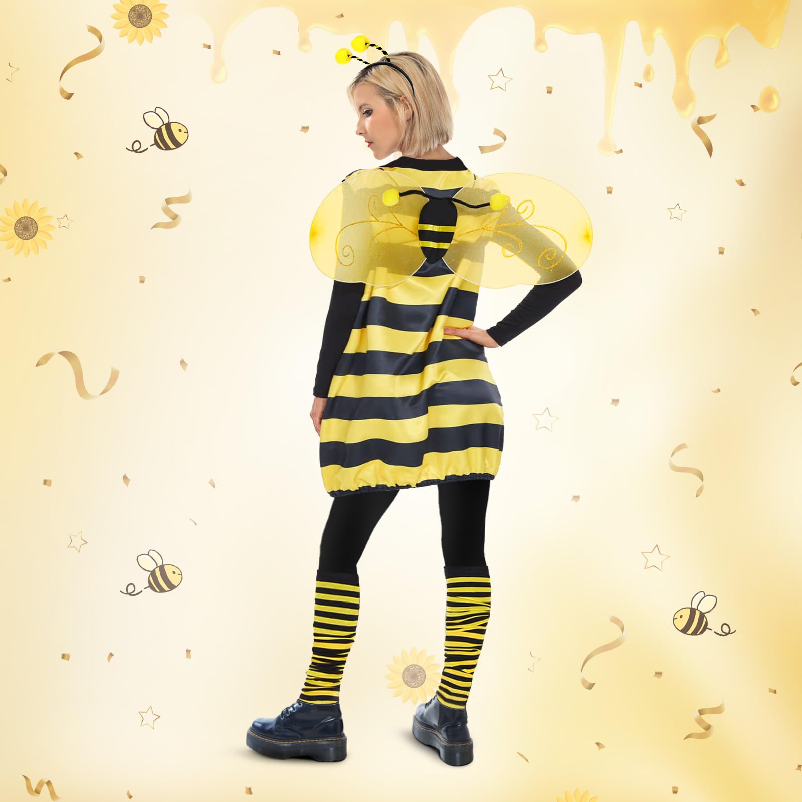 Costume da Ape per Donna: Costume di Carnevale con Ali Fascia per Capelli e Collant Abbinati - Perfetto per Halloween Cosplay e Feste a Tema