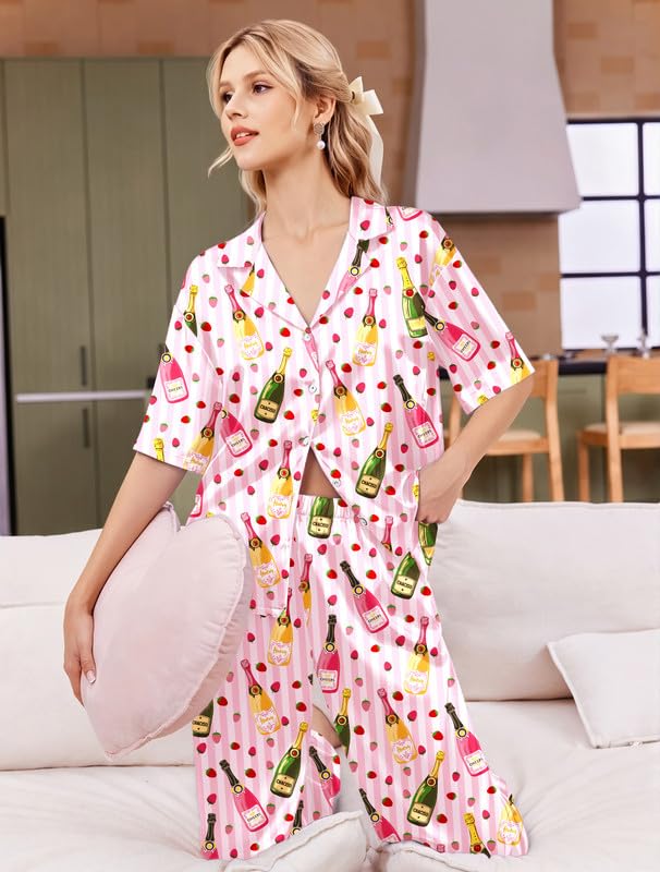 Image of Ekouaer Silk Satin Pajamas Set Women Short Sleeve Pj Sets Button Down Sleepwear 2 Piece Soft Loungewear S-XXL