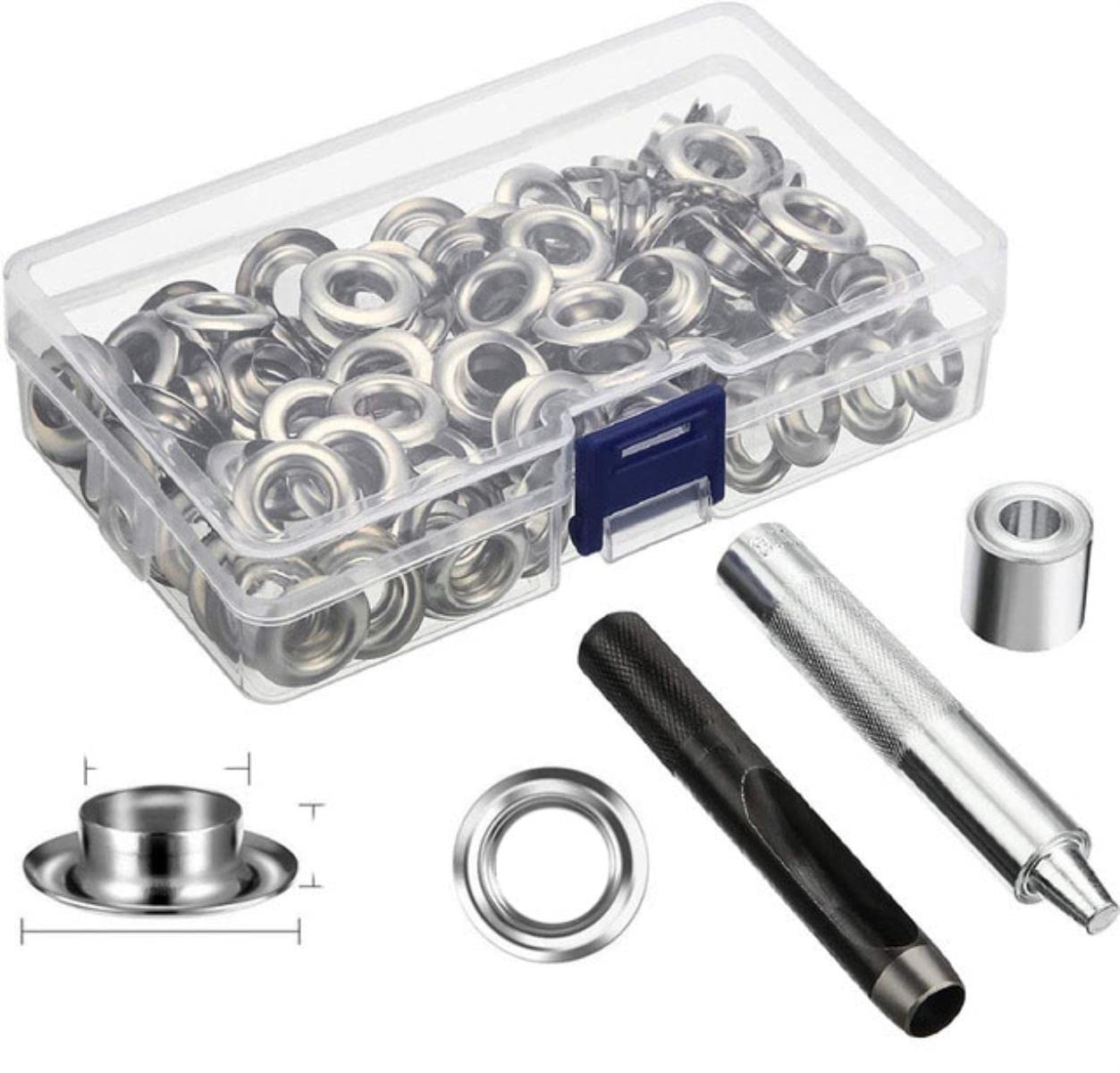 Set di 100 occhielli per occhielli 6 mm, 10 mm, 12 mm, 14 mm, diametro interno argento, per vestiti, scarpe, borse, artigianato in pelle, fai da te, 100, set da 14 mm