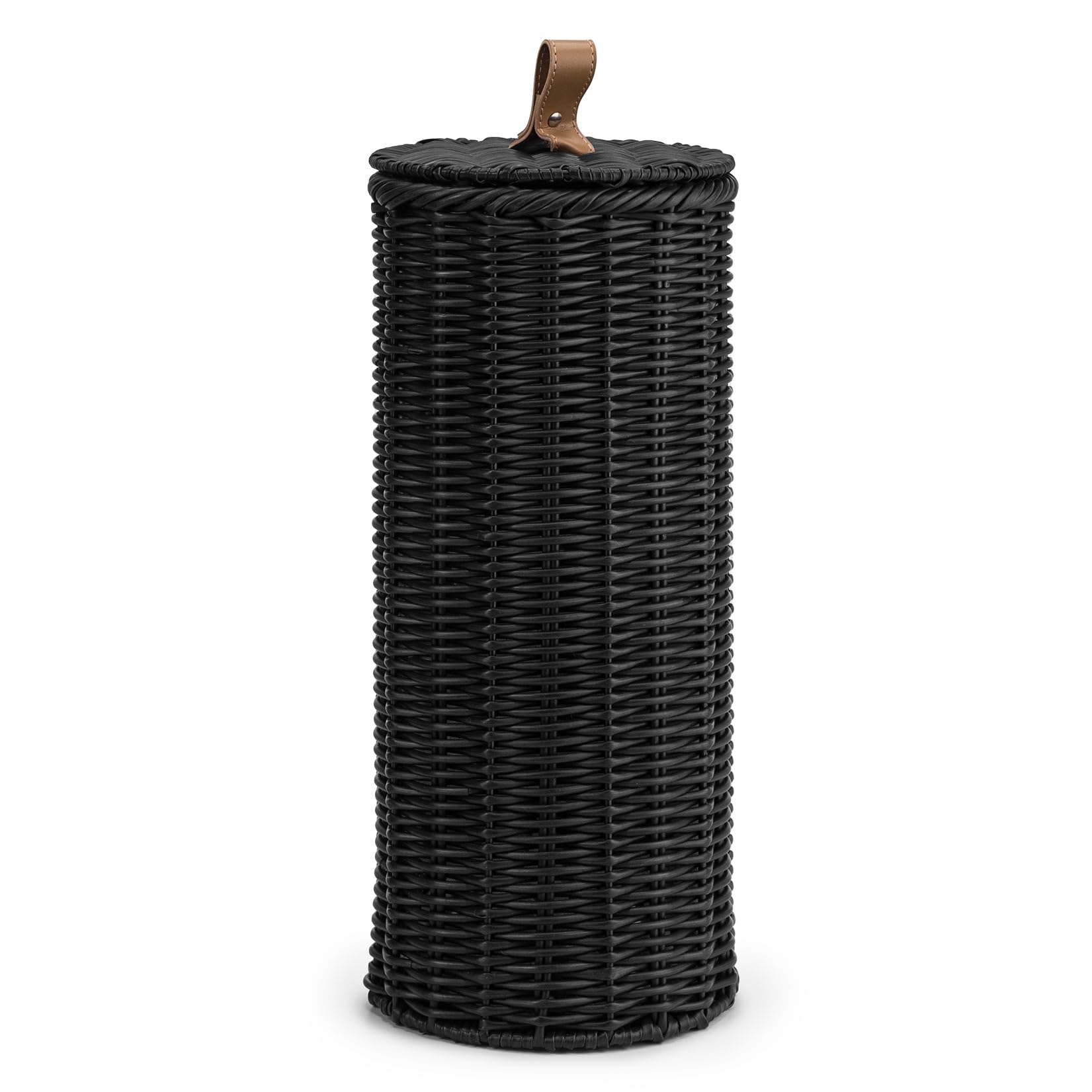 Woodluv Polypropylene - Black Round Handwoven Polypropylene Lidded Toilet Roll Holder, Loo Roll Keeper, Storage Organiser, Storage Basket With Lid, Freestanding Unit, For Home, Bathroom - Black, Dia. 18Cm X 40 Cm (H)