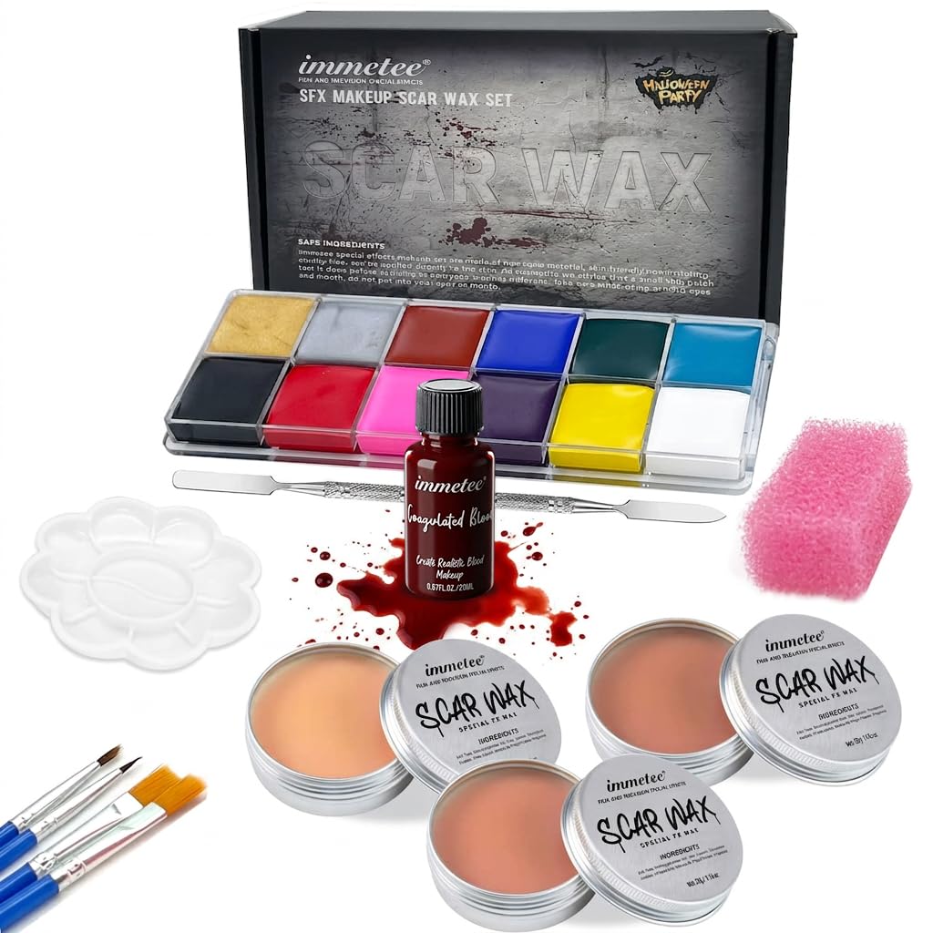 immetee Kit di trucco SFX, trucco di Halloween di pittura del corpo del viso di effetto speciale, sangue finto halloween, trucchi halloween(nuovo kit trucco halloween)