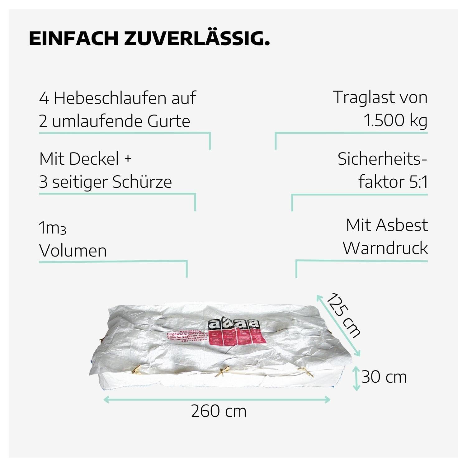 12 Stk. Plattenbag beschichtet 260 x 125 x 30 cm I Big Bag für Asbestplatten nach TRGS 519 I Asbest Sack mit Aufdruck I Asbest Big Bag SWL 1500 kg I für Berliner Welle geeignet