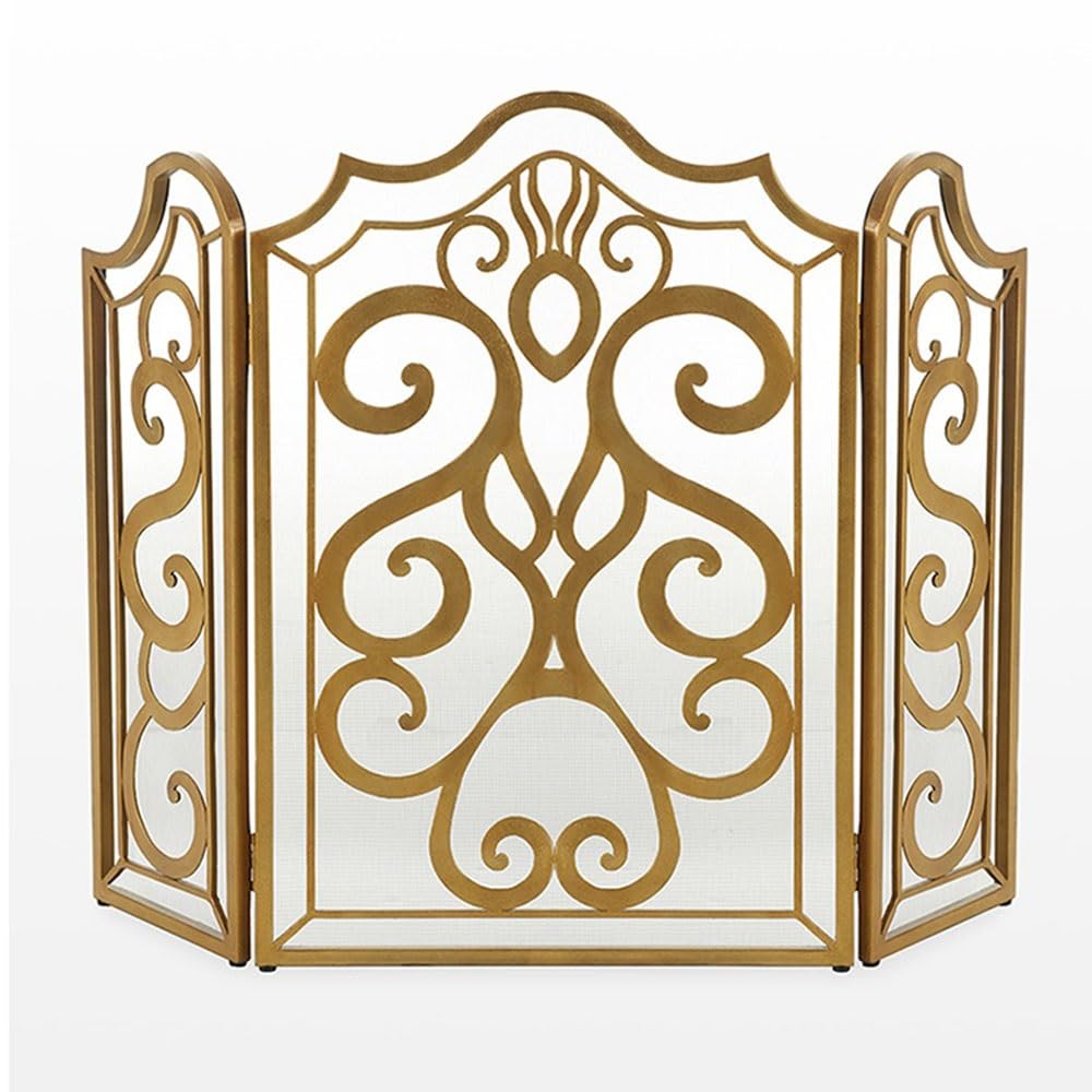 fireplace cover Iron Black Three - Fold Fireplace Screen Living Room Heating Fireproof Partition Decorative Fence(Gold)