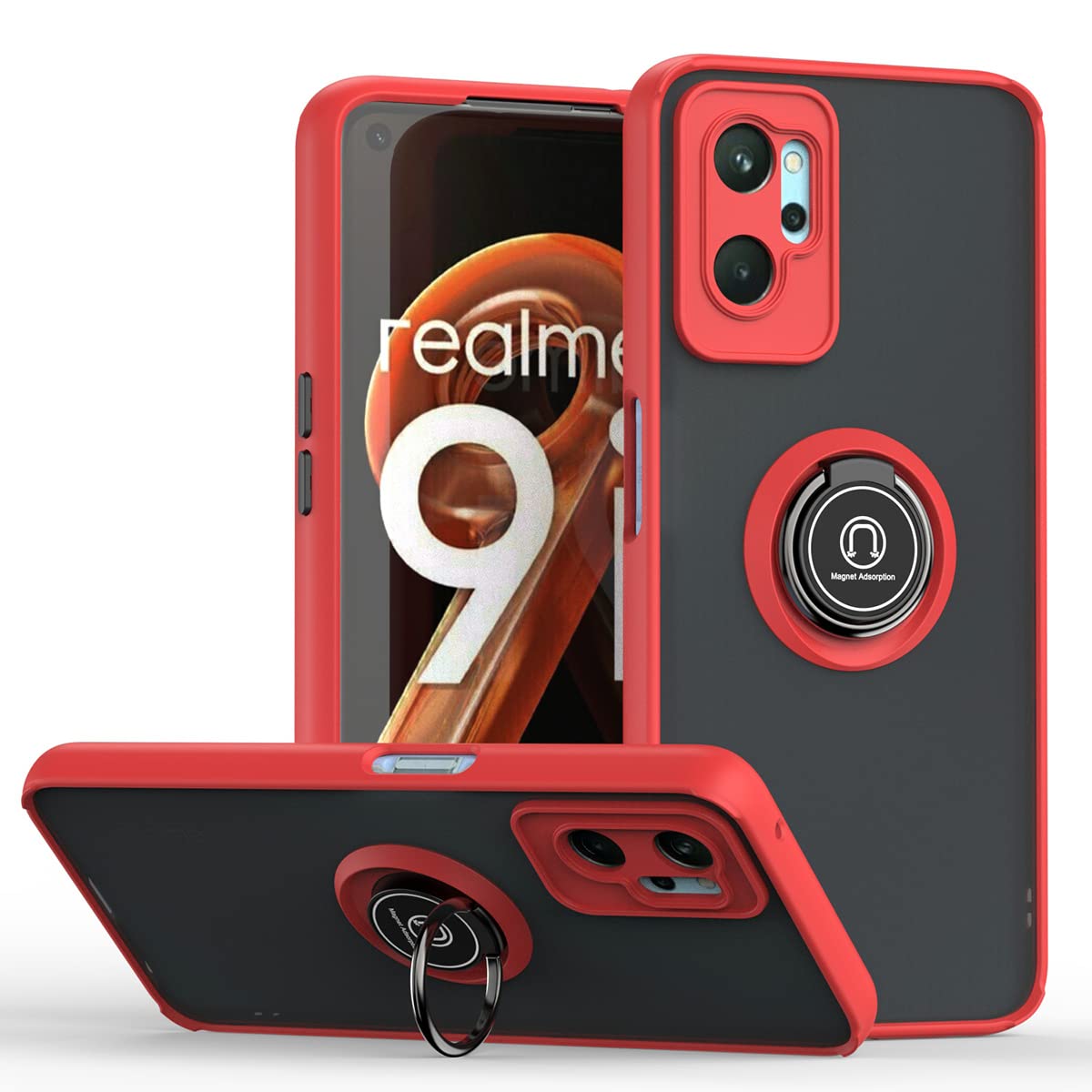 JIAFEI Funda para OPPO A76 / OPPO A96 / Realme 9i Antigolpes Dura Carcasa Translúcido PC/TPU Silicona Protección con 360 Grados Anillo iman Soporte, Rojo