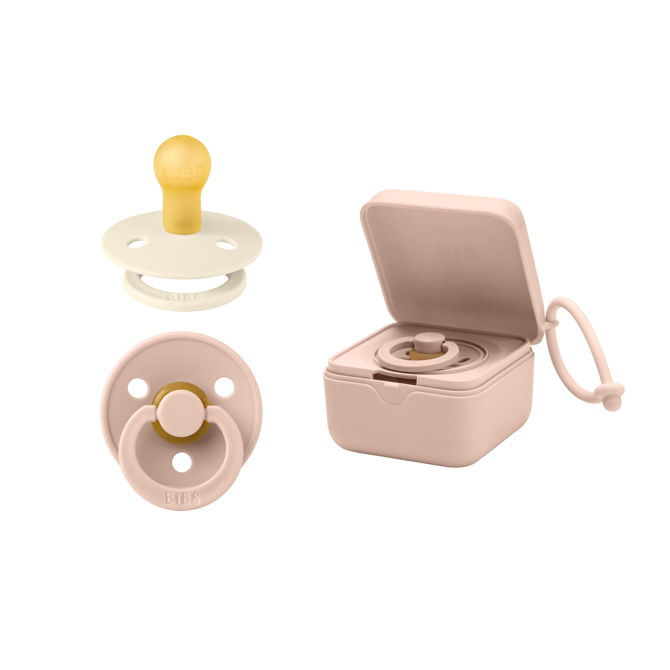 BIBS Schnullerbox Bundle - Bunte Schnuller, Runder Naturkautschuk-Sauger und Sterilisierbox - Komplettes Set für Glückliche Babys, Größe 1 (0-6 Monate), Blush