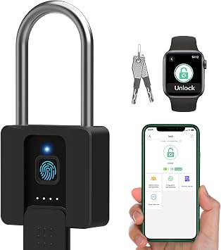 Fingerprint Gate Lock, 2.7 Long Shackle Heavy Duty Smart Padlock with Key Fingerprint Bluetooth, Waterproof Biometric Keyless Gate Lock for Outdoor Fence Shed Yard Storage Door