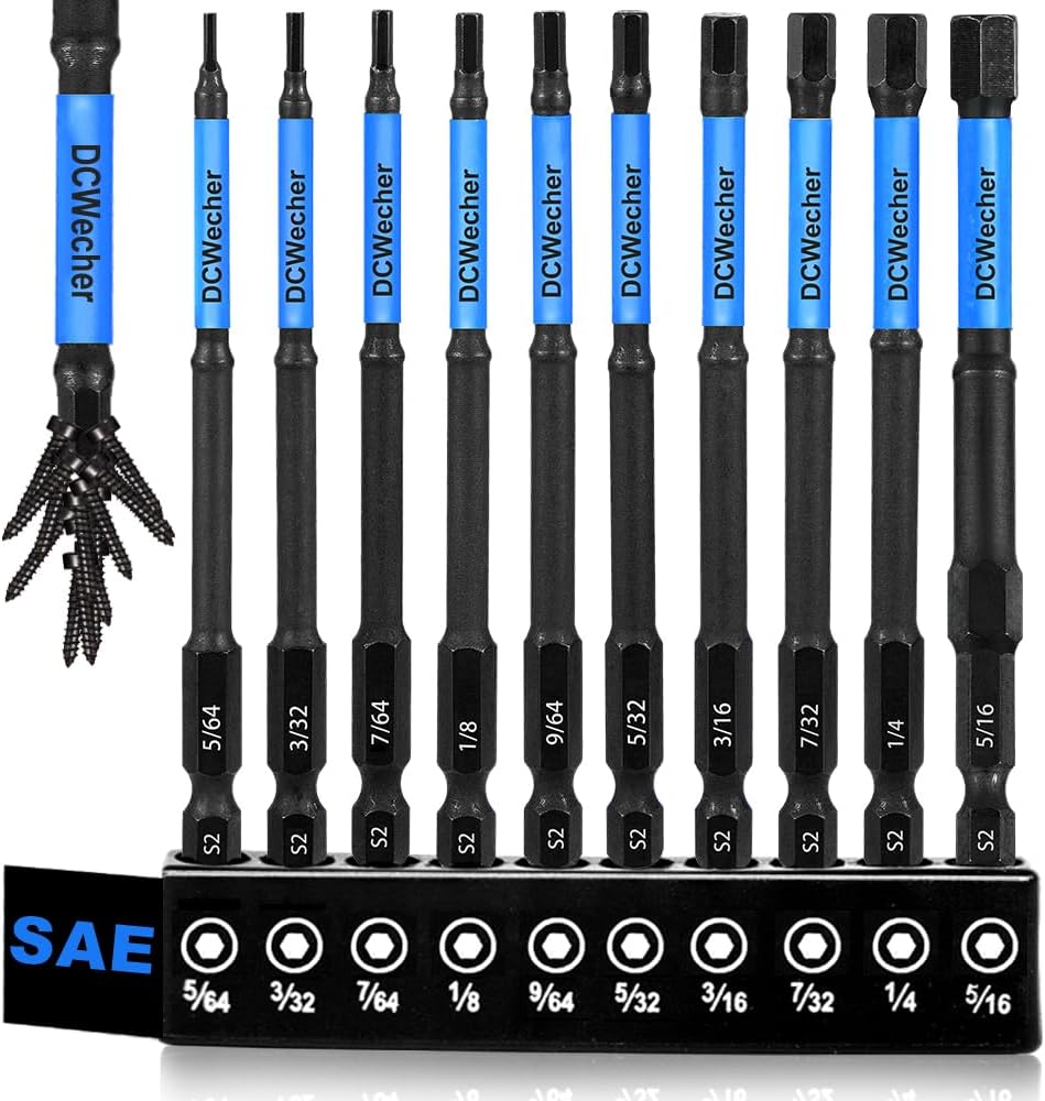 10-Piece Impact Allen Key Drill Bit Set - 4-Inch Long Hex Bit Set (SAE), Magnetic Head, S2 Alloy Steel, 1/4'' Hex-Shank, for DIY Furniture Assembly & Car Repairs, by DCWecher
