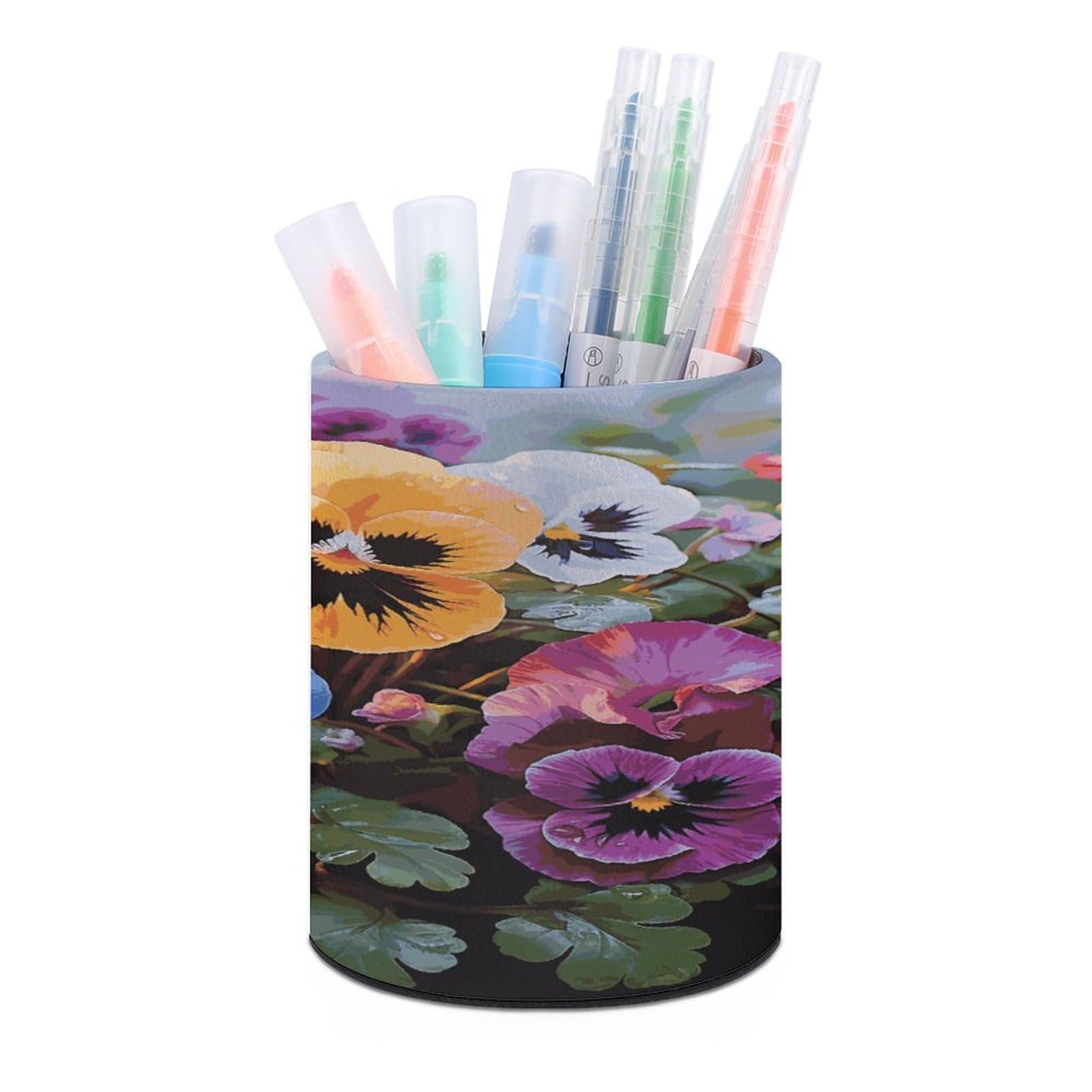 JTREHY Pansy Flowers Pen Holder Round Pen Pencil Holder Makeup Brush Holders Cup PU Leather Pencil Cups Desktop Caddy Stationery Organizer Case Office Accessories Container Box