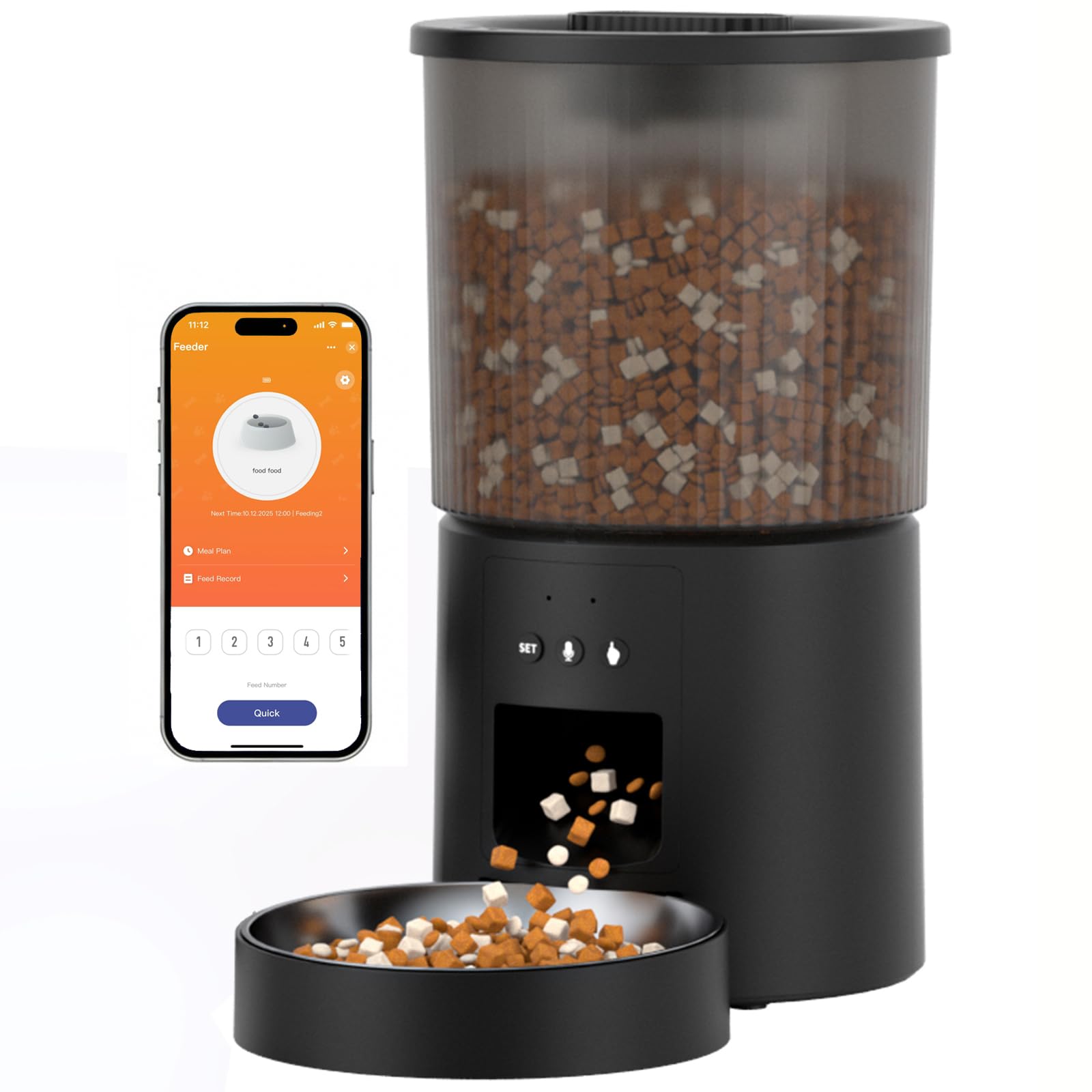 Automatic Cat Feeder, 2.4GHz WiFi Automatic Dog Food Dispenser, Fresh Protection, 4L Timer Feeder, Personalized Recording 10 Seconds, Easy to Clean, Stainless Steel Bowl (Single/Black)