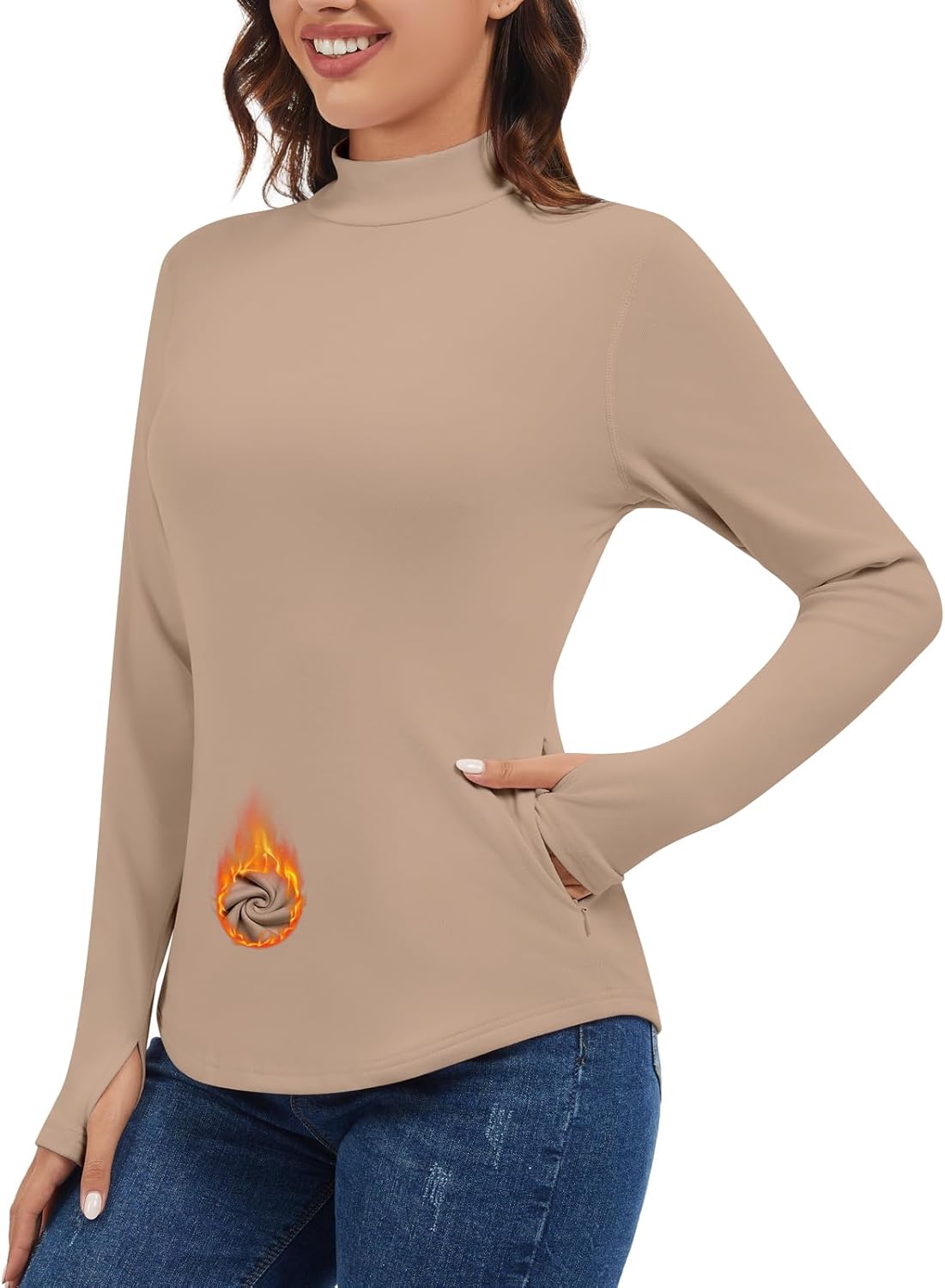 WOWENY Women's Thermal Fleece Long Sleeve Shirt Mock Neck Tops Winter Warm Cold Weather Undershirts with Thumb Holes Pockets