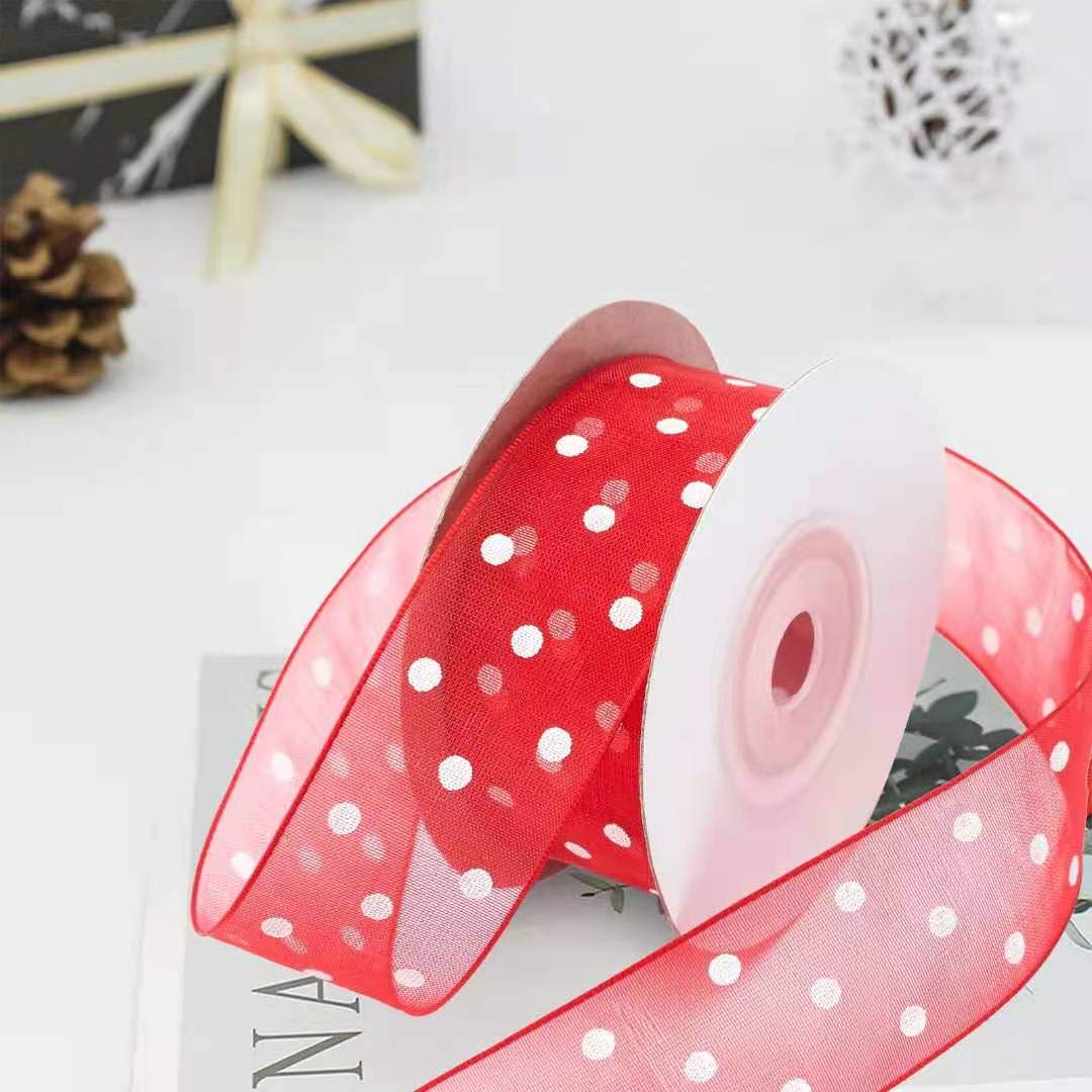 Stoffbänder rot und weiß kariertes Band zum Basteln, Ripsband gestreift für Geschenkverpackungen, 2,5 cm Organza-Punktband, 27,5 m