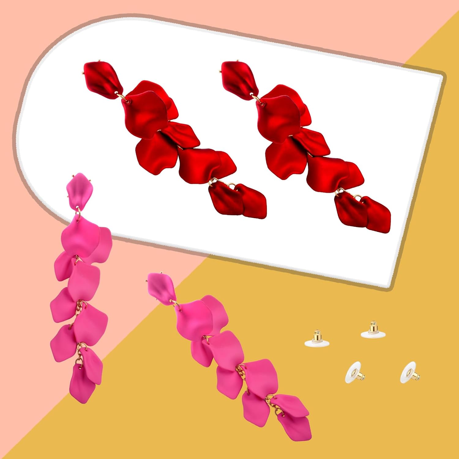 4Pcs Acrylic Long Rose Petal Dangle Earrings Set, Red Flower Earring Studs Drop Statement Layered Floral Leaf Tassel Earrings for Women Christmas Beach Party Birthday - Image 7