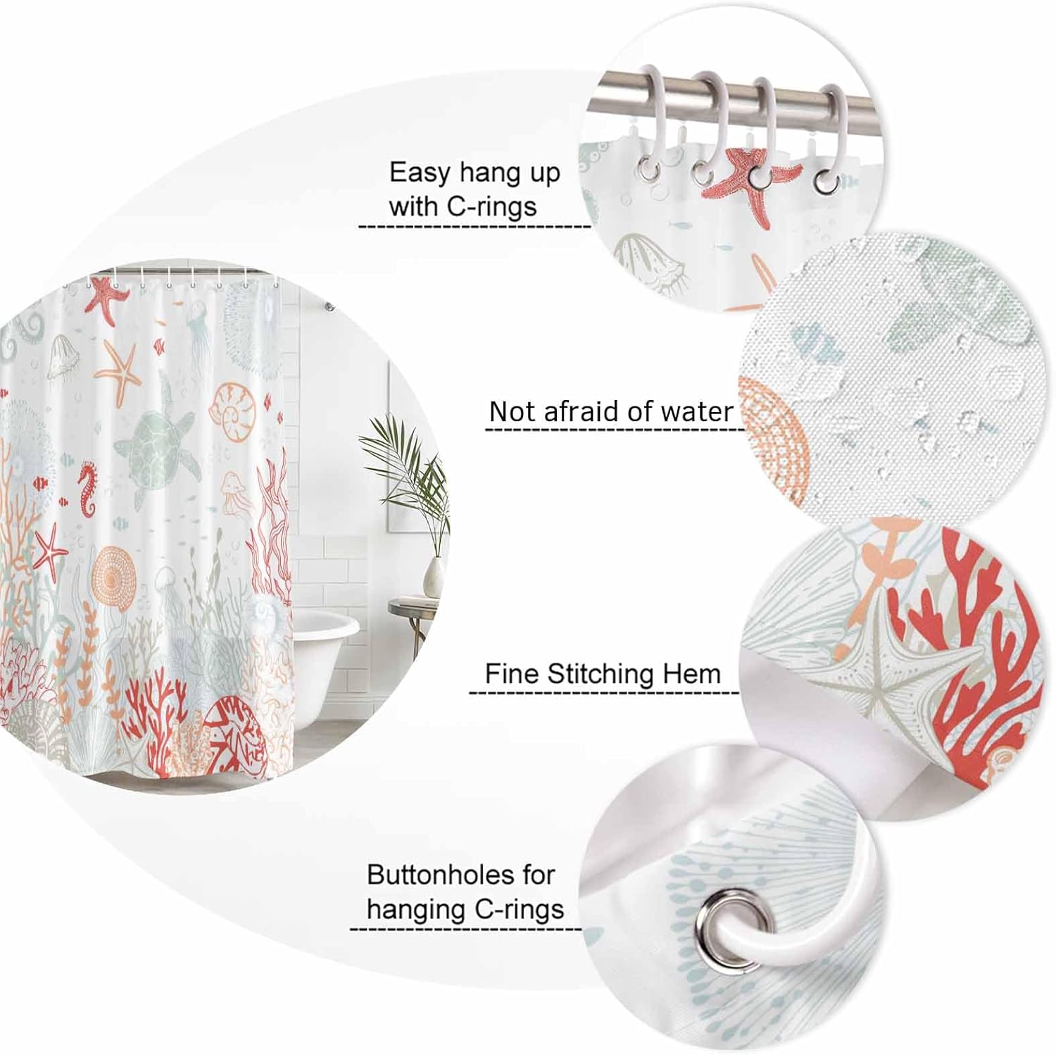 Red Orange Teal Nautical Coastal Shower Curtain Set - Small 36"x72" Summer Beach Washable Bathtub Curtain with 12 Hooks, Sea Turtle Coral Waterproof Fabric Stall Shower Curtain for Bathroom