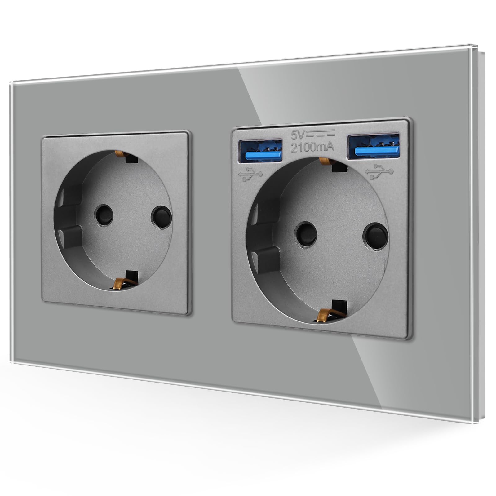 JIMEIDA Doppelsteckdose in Grau, 16Amp Glas Schuko Steckdosen mit Schnelles Laden USB Anschluss Max.2.1A, Unterputz Schutzkontakt Wandsteckdose- 157 * 86mm, 250V