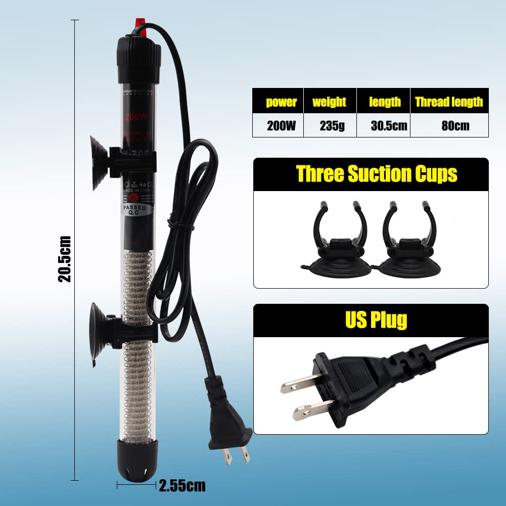 Aquarium-Heizung, 25 W, 50 W, 100 W, 200 W, 300 W, automatische Tauchheizung, Thermostat, Aquariumheizung mit Saugnäpfen, Thermometer, Aufkleber, Tauchheizung (200 W)