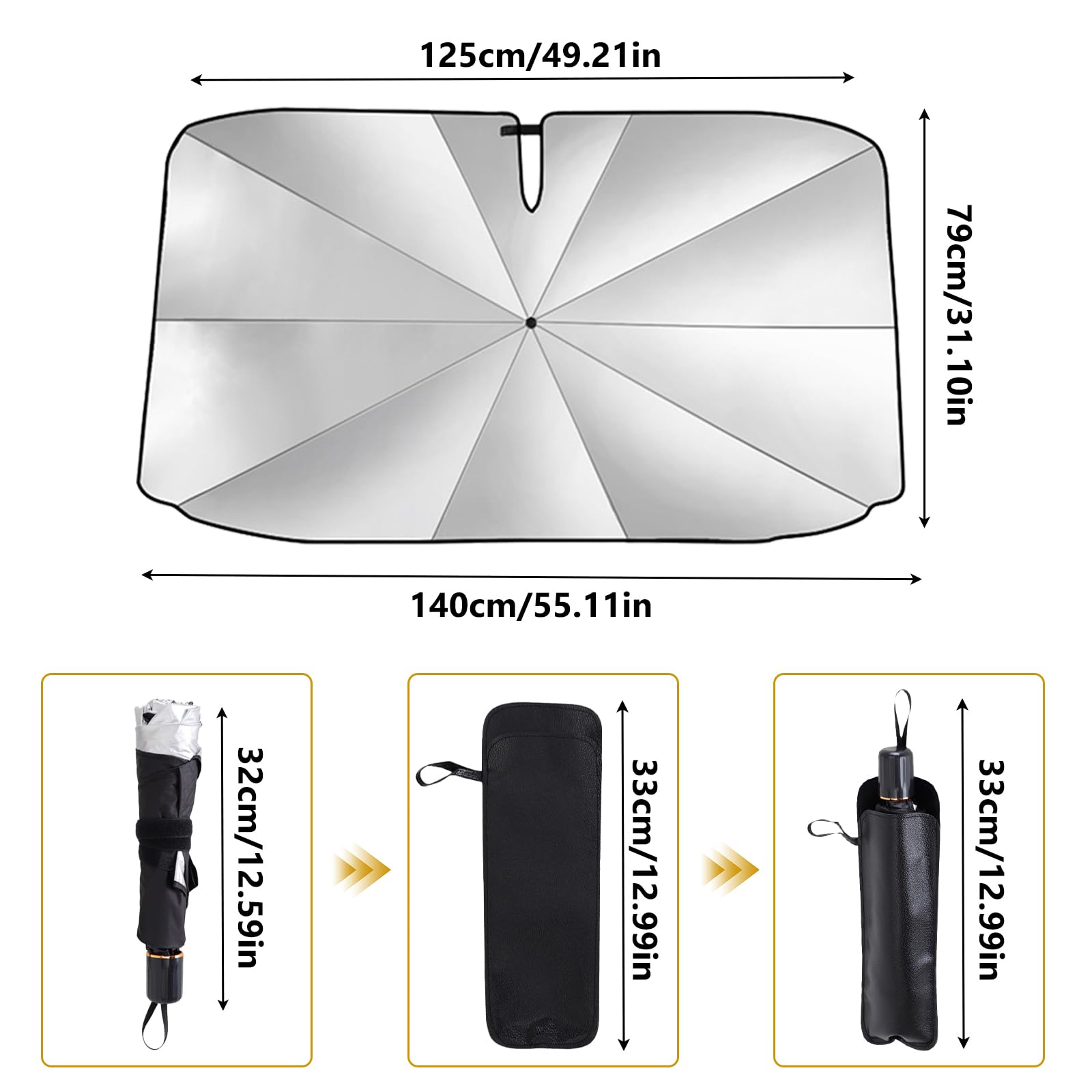 Car Windshield Sun Shade Umbrella, Foldable Windscreen Sunshade 360° Rotatable & Bendable, UV Protection Front Window Sunshade for Cars SUV Truck (140 x 79 cm) — view 2