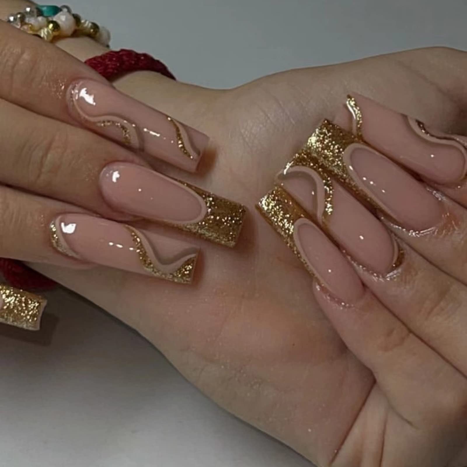 MISUD Press on Nails - Long Square Fake Nails with Bling Gold Glitter, Acrylic Sparkly Design 24 pcs