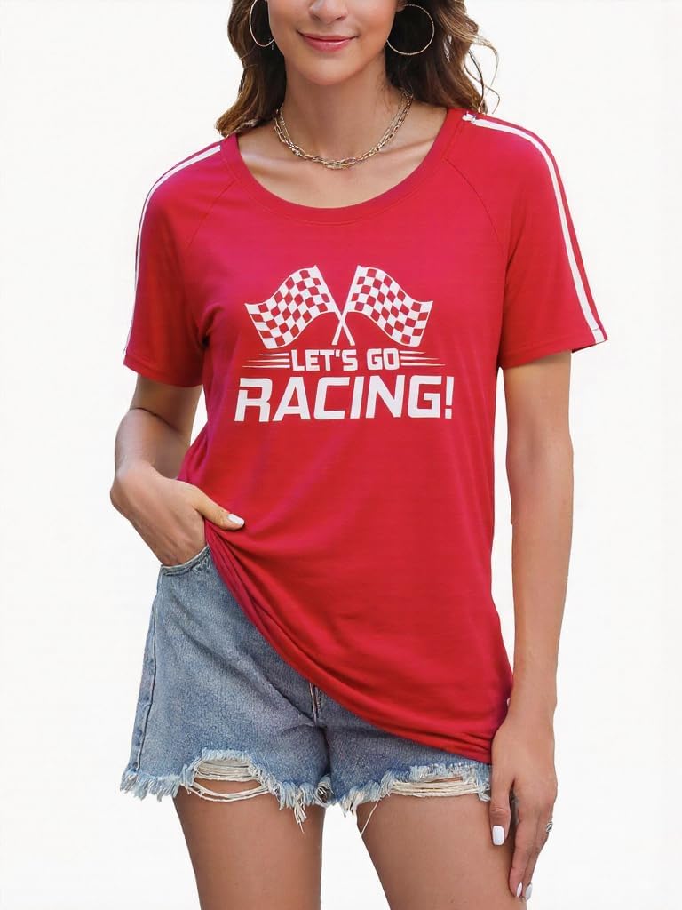 Racing Shirt Women Vintage Checkered Flag Racing Shirts Start Your Engines Tshirt Raceday Casual Short Sleeve Tops - Image 4