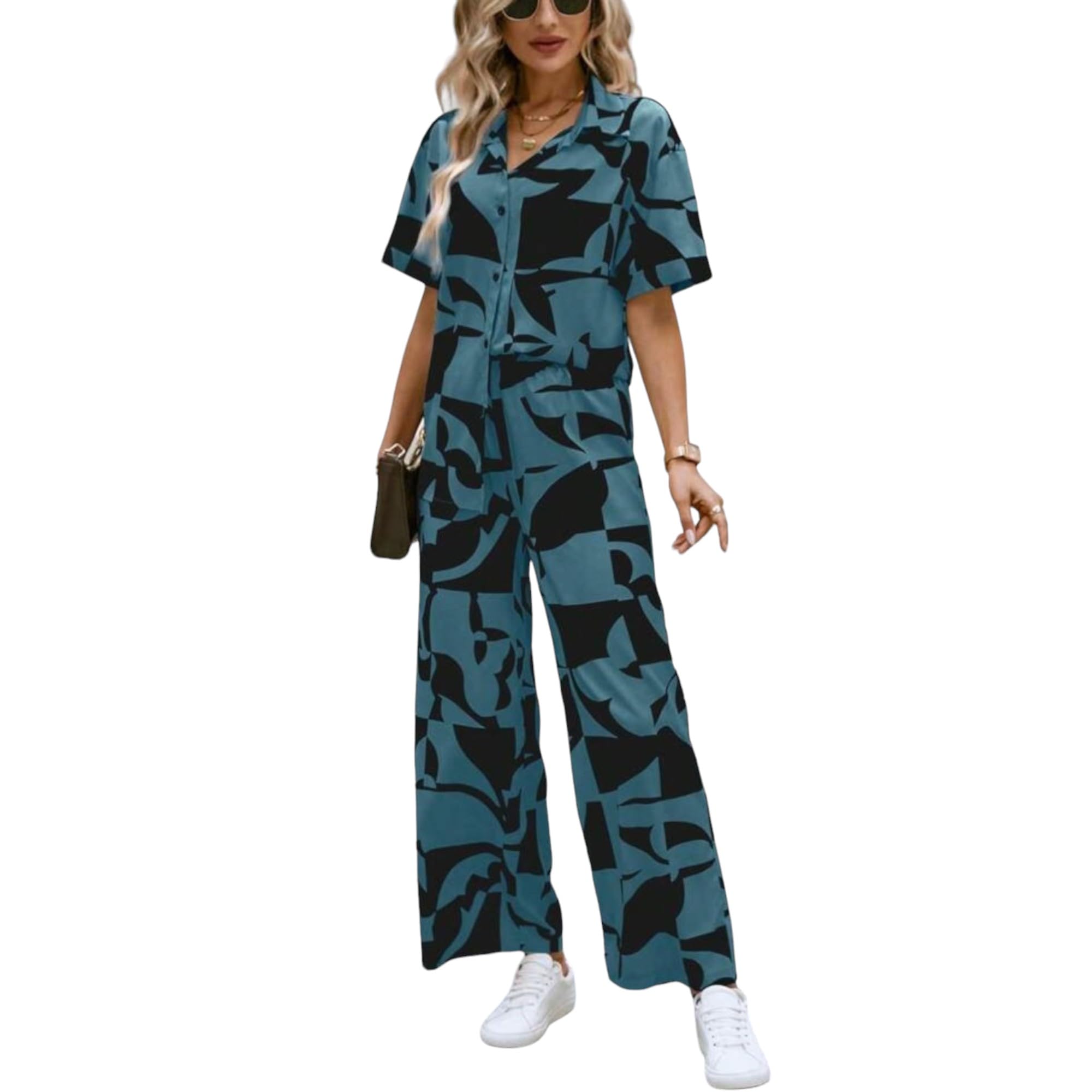gufrina Women's Rayon Co-Ord Set with Button-Up Top & Wide Leg Pant 3/4th Sleeves Collar Neck Printed Pattern Regular Fit and Standard Length-picture-19