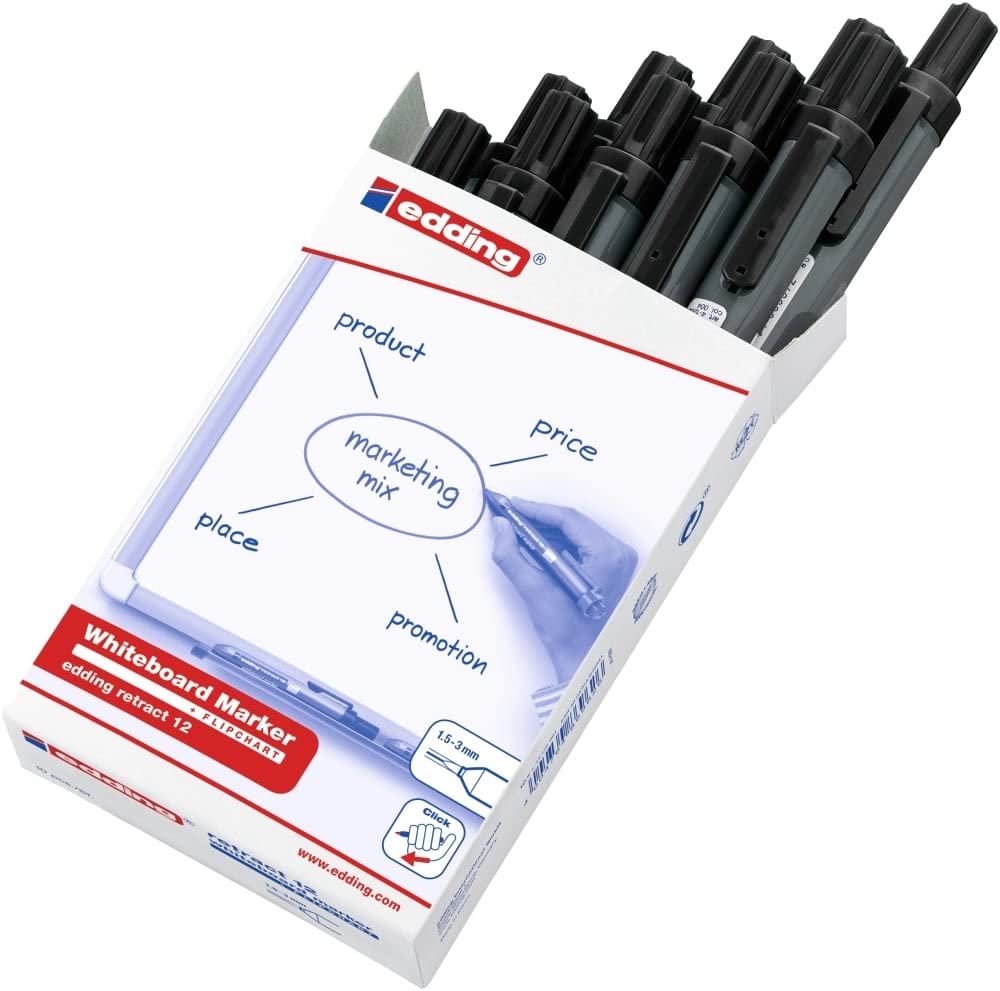 edding 12 Retract whiteboard Marker, Black, 10 whiteboard pens, Round Nib 1.5-3 mm, Capless Design - Image 2