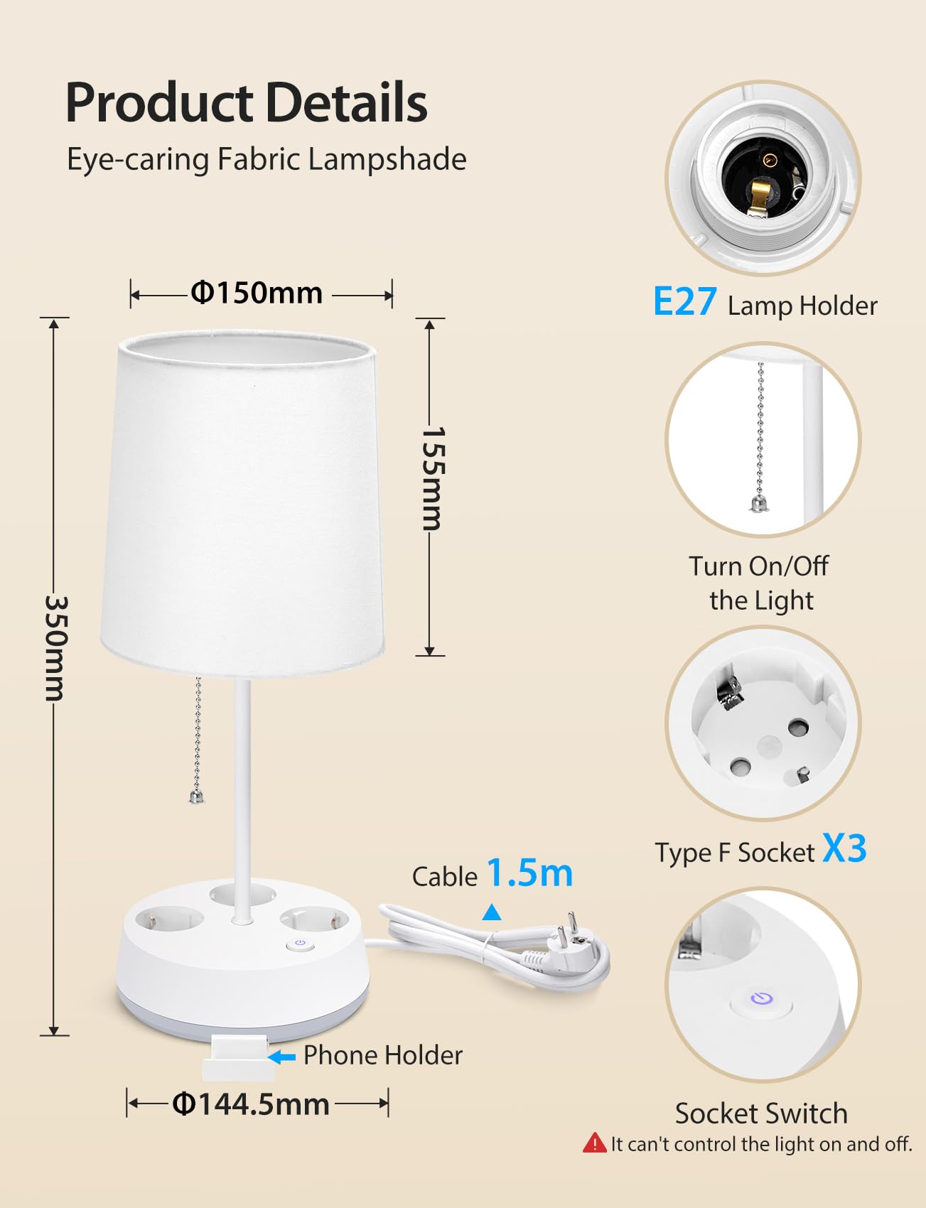 Aigostar - Lampe de Chevet Intelligente Compatible avec APP, Lampes de Table en Tissu, 2700K-6500K et RGB Réglable, avec 3 Prises (Type F), Télécommande et Support pour Téléphone, Blanc