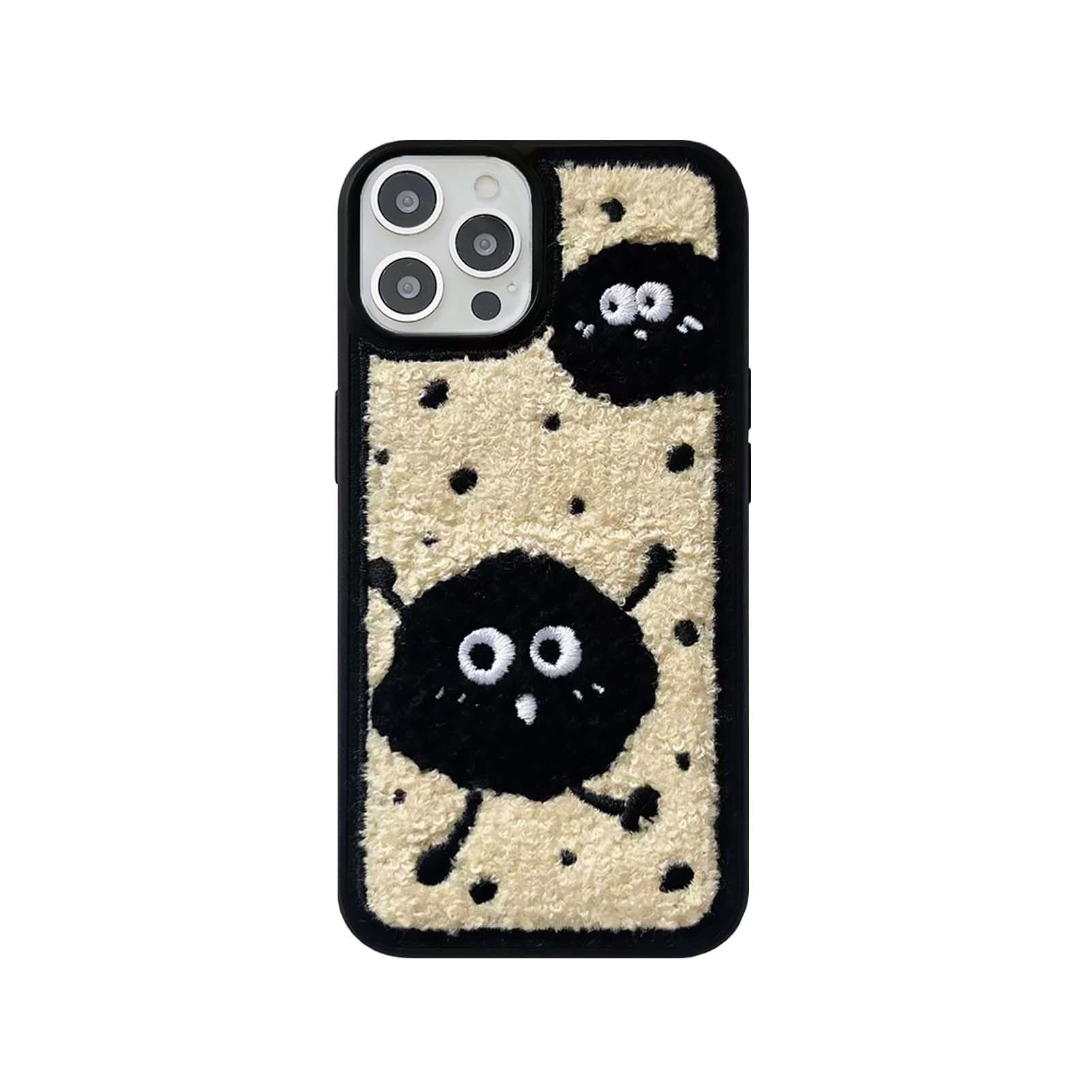 Cute Embroidery Briquettes Case for iPhone 14 Pro Max Funny Fluffy Wired Case Kawaii Girly Black Briquettes