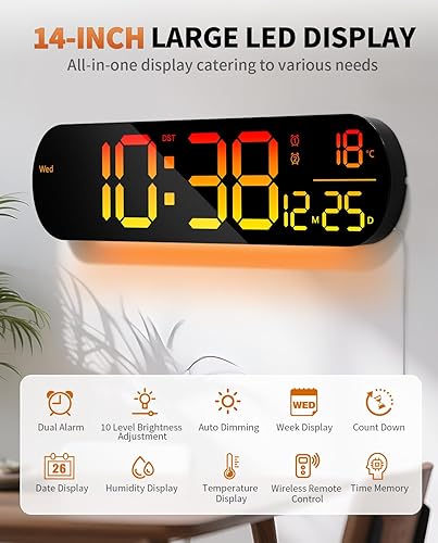 Vista 2 de Reloj de pared digital grande de 14", cuenta regresiva, alarma, LED grande, 11 colores RGB, temperatura para sala de estar, aula, escritorio, regalo
