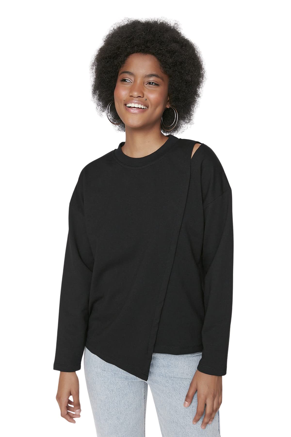 Trendyol Mädchen Schwarz Women Asymmetrisch Standard Crew Neck Knit Sweatshirt Black