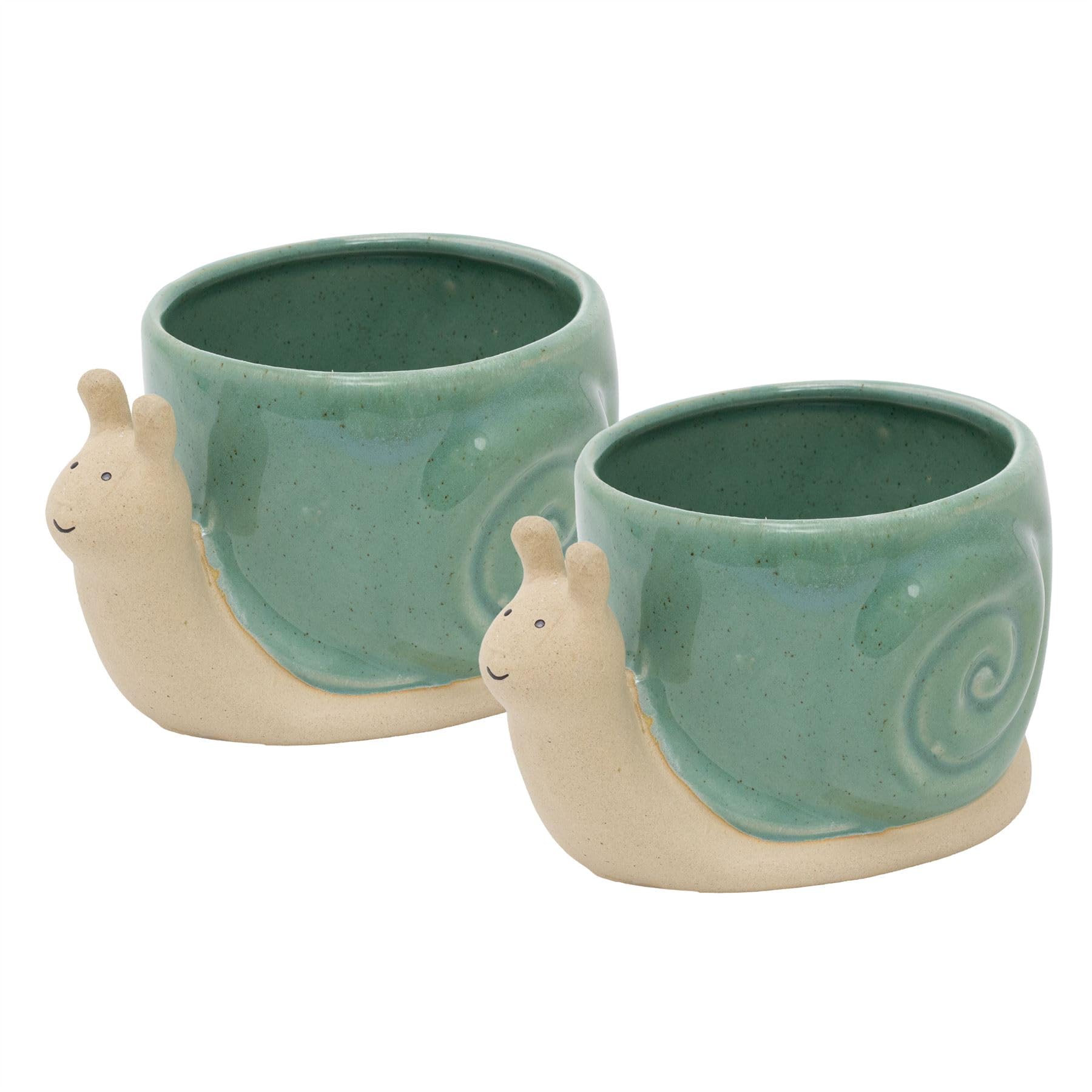 Carousel Home Set of 2 Snail Planters, 15cm Ceramic Snail-Shaped Plant Pots with Glossy Green Shell, Novelty Flower Pots