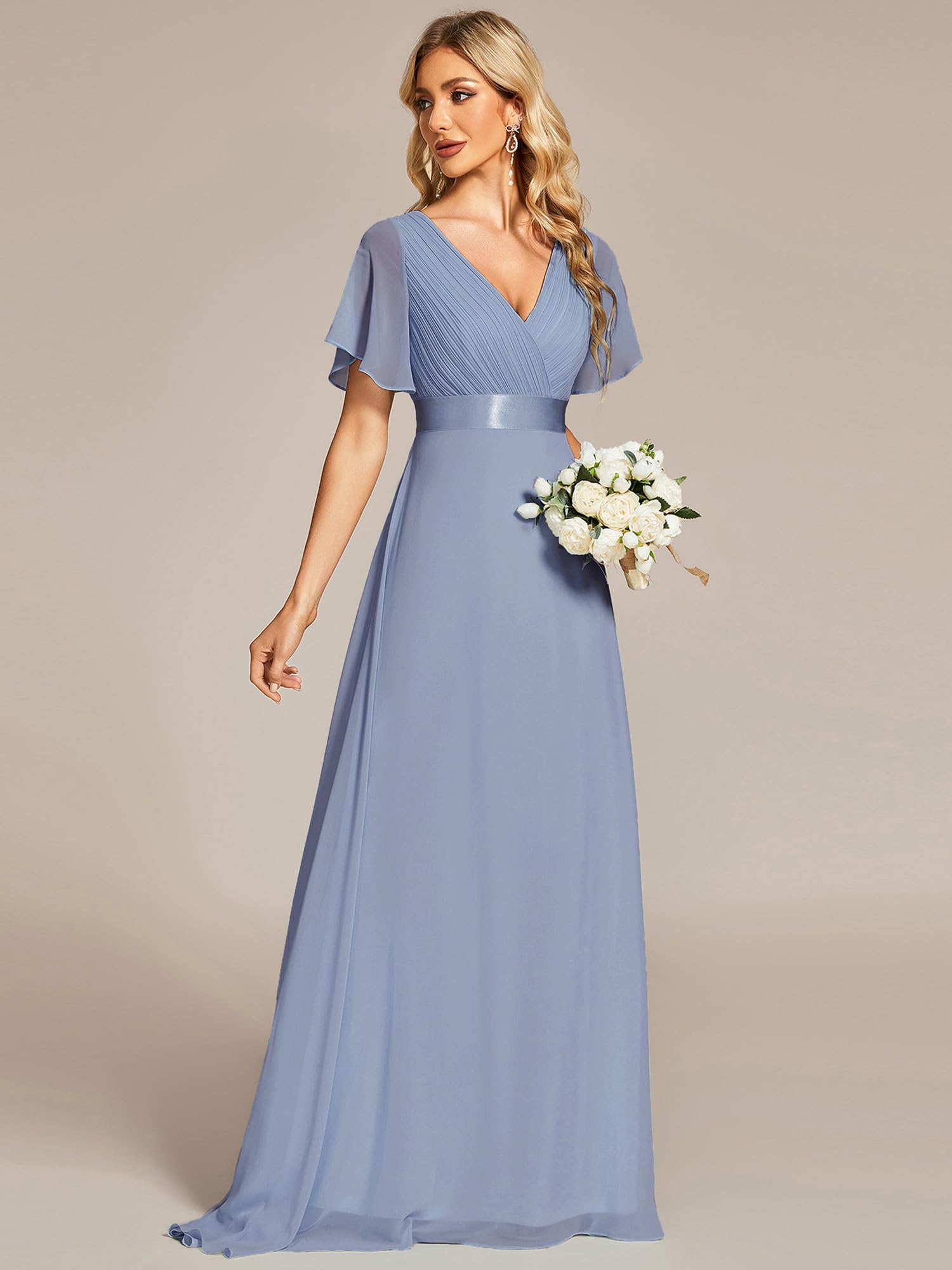 Ever-Pretty Damen Abendkleid Brautjungfer A-Linie Chiffon V Ausschnitt Bodenlang EP09890