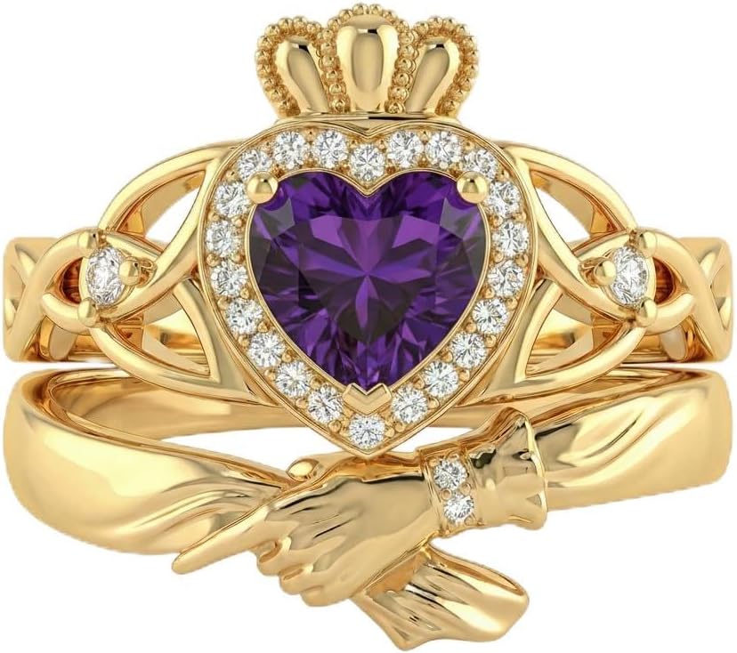 10K/14K/18K Gold Claddagh Heart Rings Set for Women,Heart-Shaped Gemstone Birthstone Rings Set Valentine's Day Engagement Wedding Jewelry for Her