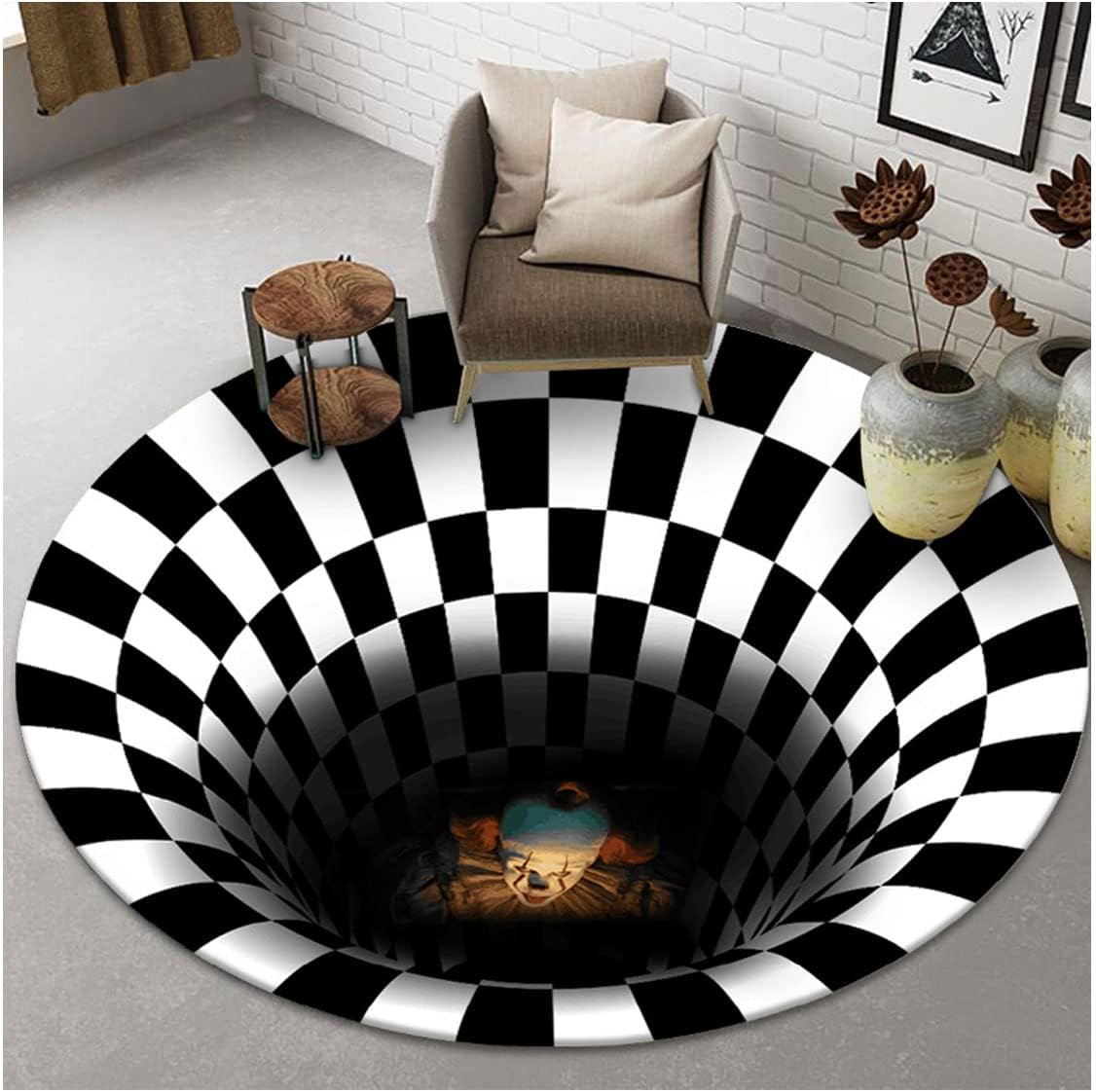 Halloween Door Mat, 3D Vortex Optical Illusion Rug Round Carpet Clown Doormat for Lvining Bedroom, Black White Plaid Round Rugs (50cm, 方格)