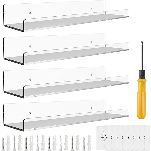 Hmdivor 4 Pack 15'' Clear Acrylic Shelves for Wall Mounted Display Ledge Storage, Acrylic Floating Wall Shelves for Kids Book Shelves, Living Room, Bathroom, Bedroom, Kitchen