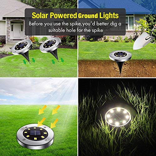 Solar Ground Lights, Outdoor Solar Powered Garden Lights 8 LED, Disk Lamp Waterproof In-Ground Landscape Path Lighting for Yard Lawn Patio Walkway, Cool White - Thumbnail 2