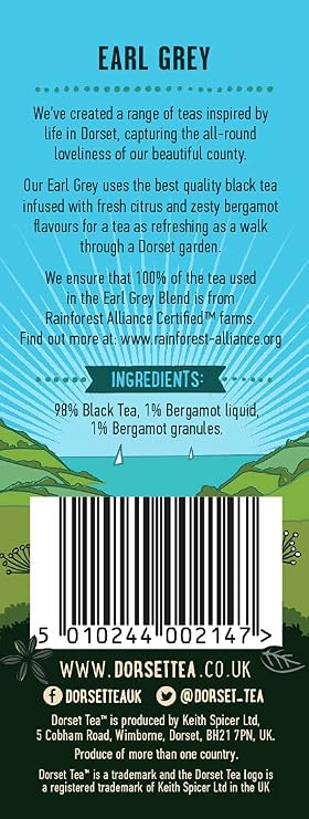Dorset Tea Earl Grey Tea Bags 4 Boxes x 20 (80 Total) 100% Rainforest Alliance
