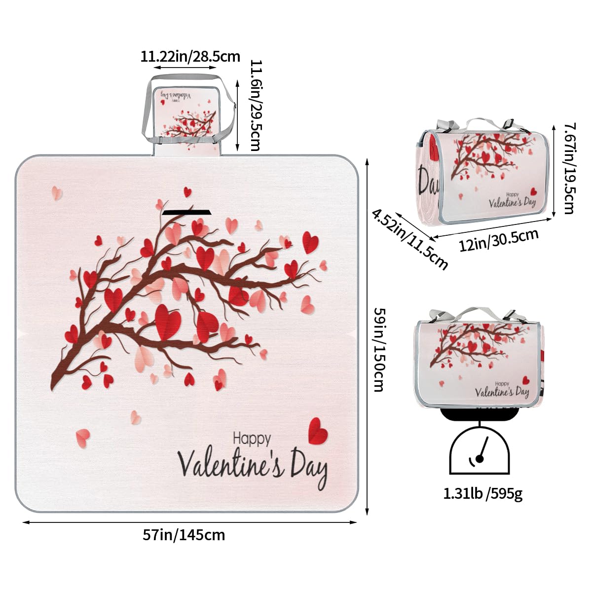 Shimoshe Picnic Blankets 57”x 59”, Love Heart Leaves Tree Branch Waterproof Sandproof Picnic Mat Lightweight Foldable Beach Blanket for Camping Park Grass Beach Outdoor Blanket