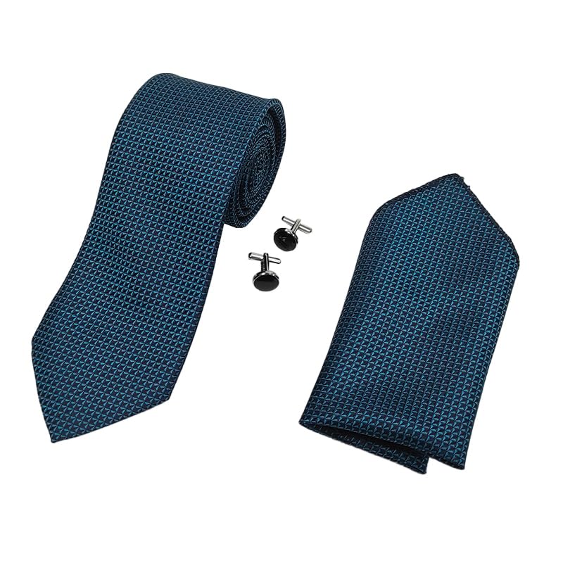 Rare Combee Men's Cobalt Blue, Black Design Luxurious Premium Silk Necktie with Pocket Square & Cufflinks-image-42