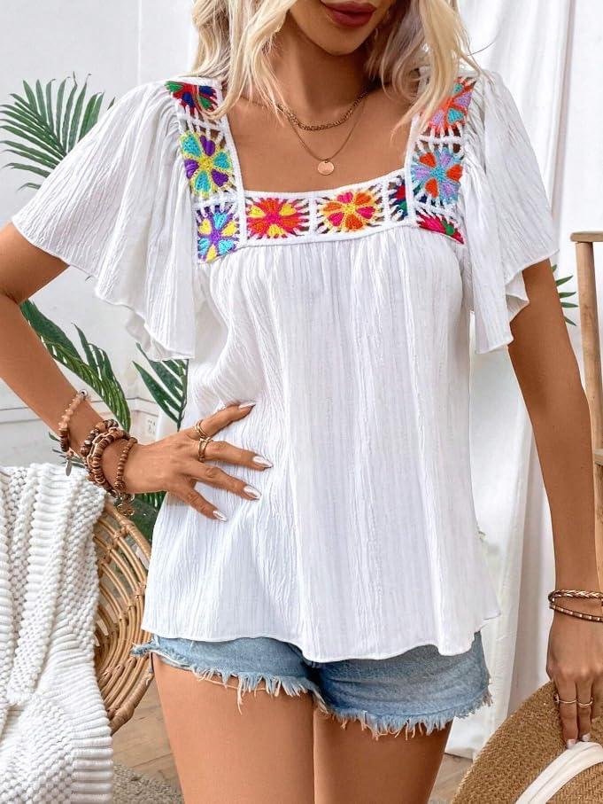 Melliflo Womens Summer Boho Floral Crochet Ruffle Short Sleeve Shirts Hollow Out Square Neck Tops Dressy Casual Blouse - Image 7