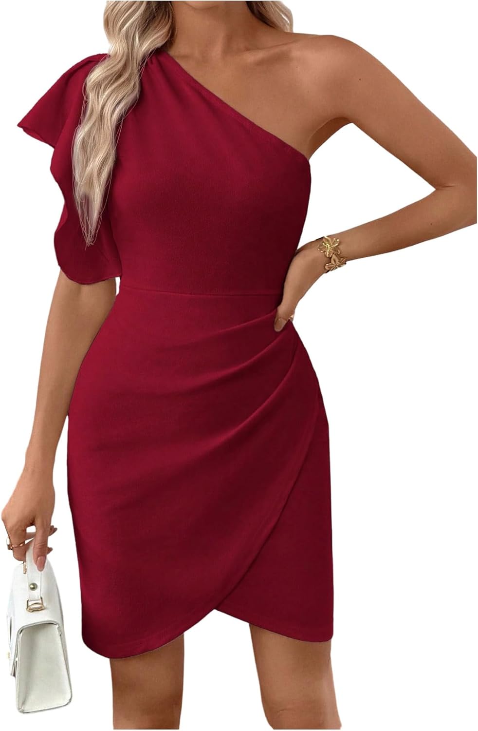SweatyRocks Women's Elegant One Shoulder Cocktail Dress Ruffle Sleeve Wrap Bodycon Classy Party Dresses
