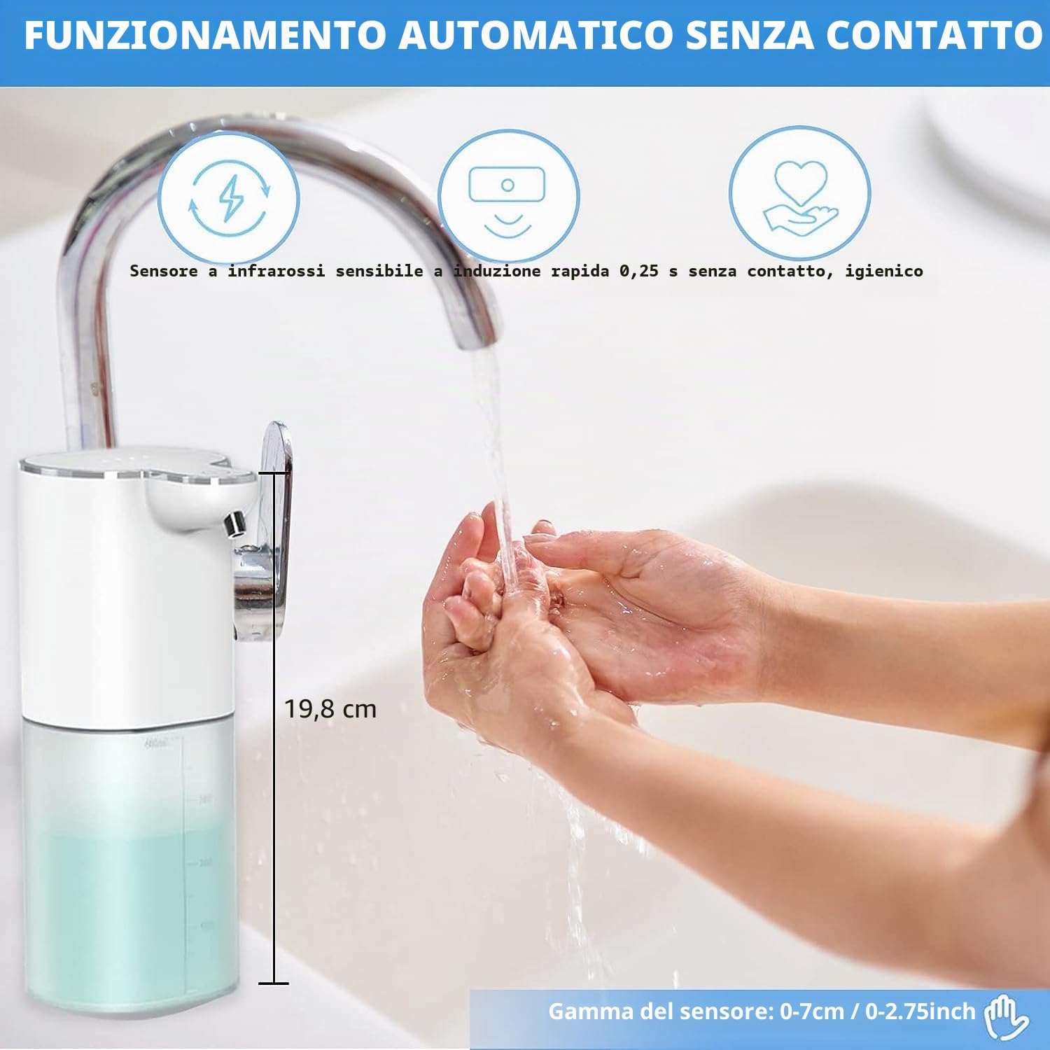 Sapone Liquido Automatico Senza Contatto Ricaricabile 400 ML con Supporto da Parete, 4 Volumi Schiuma Regolabile, Elettrico IPX5 Sensore Movimento Infrarosso, Pulizia Automatica