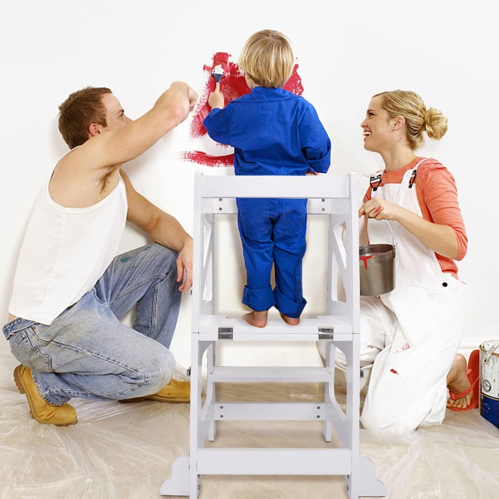 2in1 Lernturm Kinder Tritthocker Lernstuhl Kinderhocker Faltbarer Kinderschemel für Baby,mit doppelseitiger magnetischer Tafel,Umweltschutz,Küchen-/Badezimmerhelfer (Weiß)