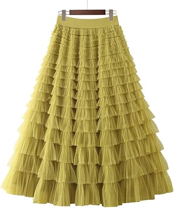 JMKEY Womens Tulle Skirt Sweet Elastic Waist Tulle Layered Ruffles Mesh Long Tiered Skirt Mid-Length Tulle Skirt