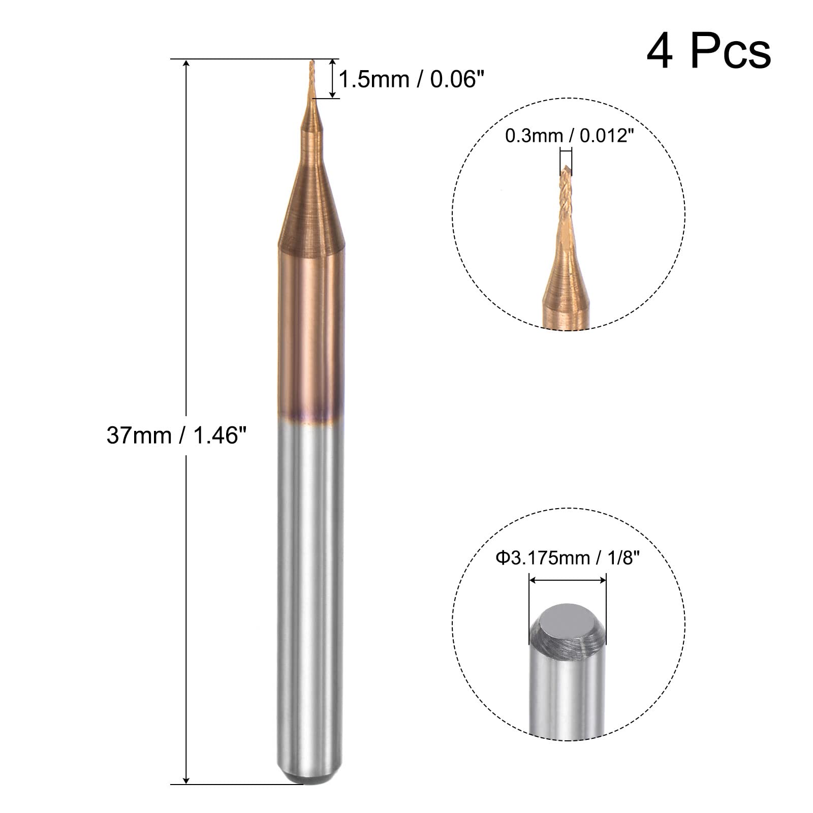sourcing map 4pcs Terminal Fraise CNC Routeur Embouts Titane Revêtu Tungstène Carbure Gravure Fraisage Fraise pour PCB Plastique Bois 0,3 mm x 1,5 mm