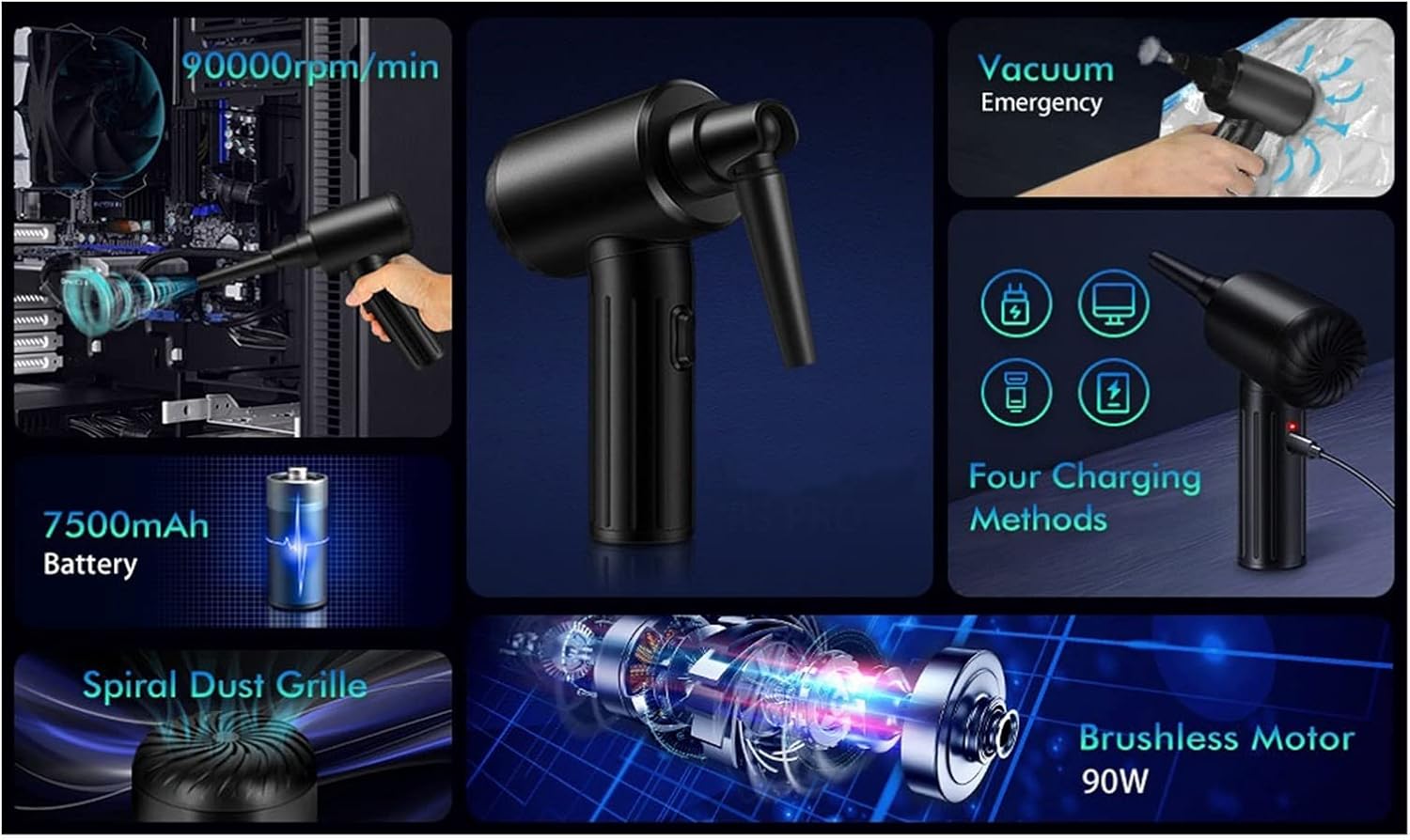 Compressed Air Duster Cordless Electric Air Duster 7500mAh Dust BlowerCompressed Air Cans for Computer PC Keyboard 90000 RPM Powerful (Color : 60W 7500mAh Size : 1)