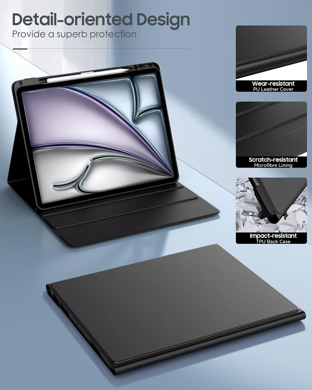 Detail-oriented design showing wear-resistant PU leather, scratch-resistant microfibre lining, and impact-resistant TPU back case