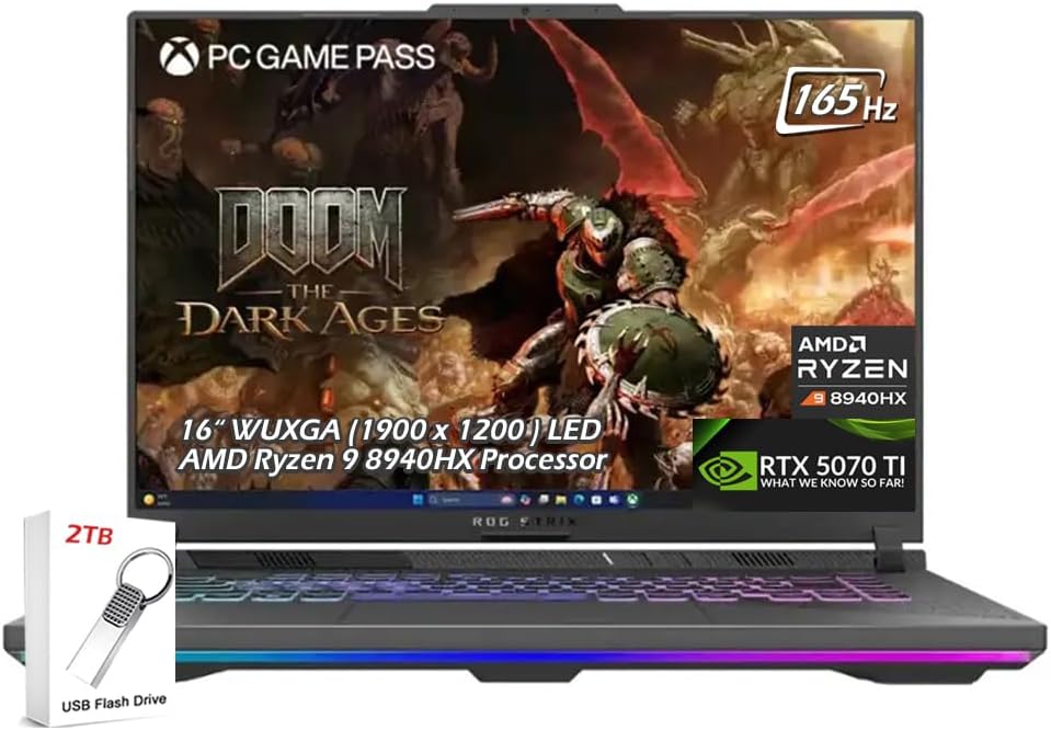 ASUS - ROG Strix G16 16" LED IPS 165Hz Gaming Laptop - AMD Ryzen 9 8940HX - NVIDIA GeForce RTX 5070Ti - 16GB RAM 2TB SSD - Wi-Fi6E Bluetooth BacklitKB Win11 - Eclipse Gray - 2TB USB Drive - W/GaLiMu